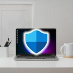 Biểu tượng Windows Security trên màn hình laptop đang quét tệp tải về
