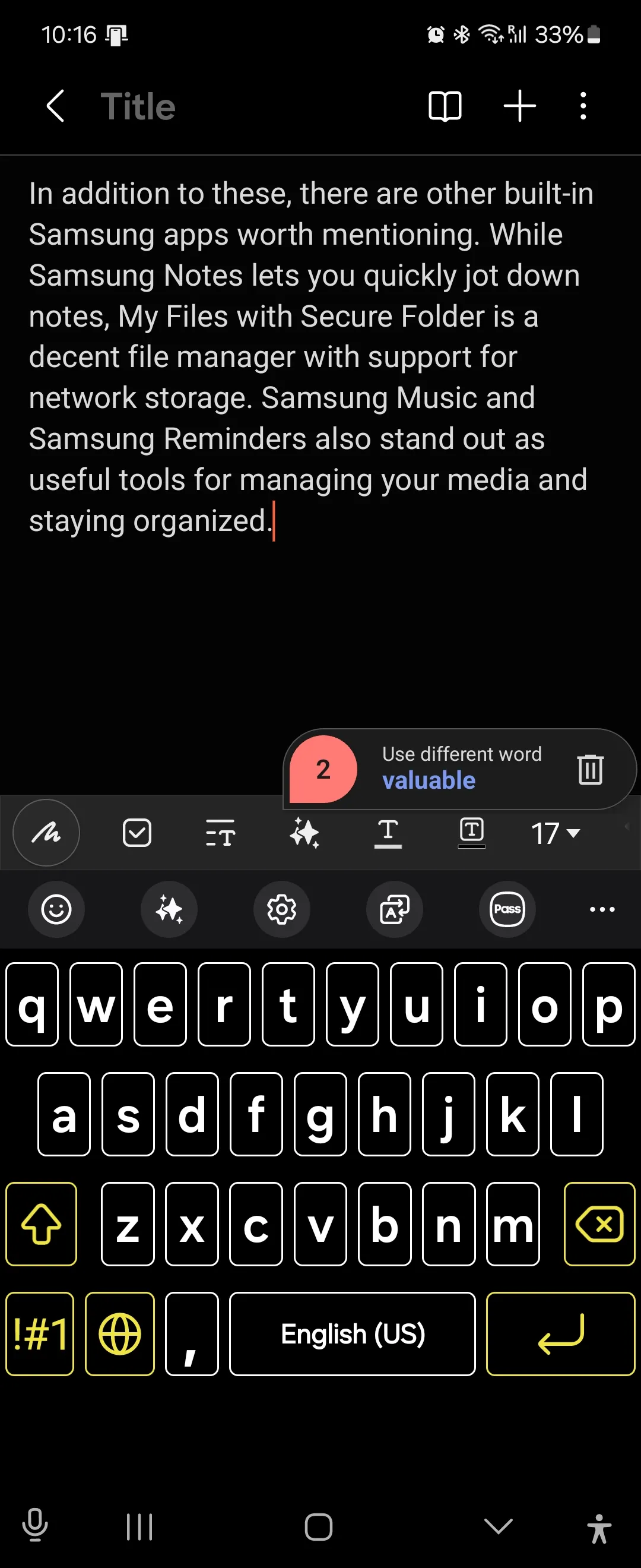 Bố cục Samsung Keyboard trong Samsung Notes