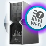 Bộ định tuyến TP-Link Wi-Fi 7 với nhãn dán logo Wi-Fi 7, minh họa công nghệ mạng không dây tiên tiến và bảo mật