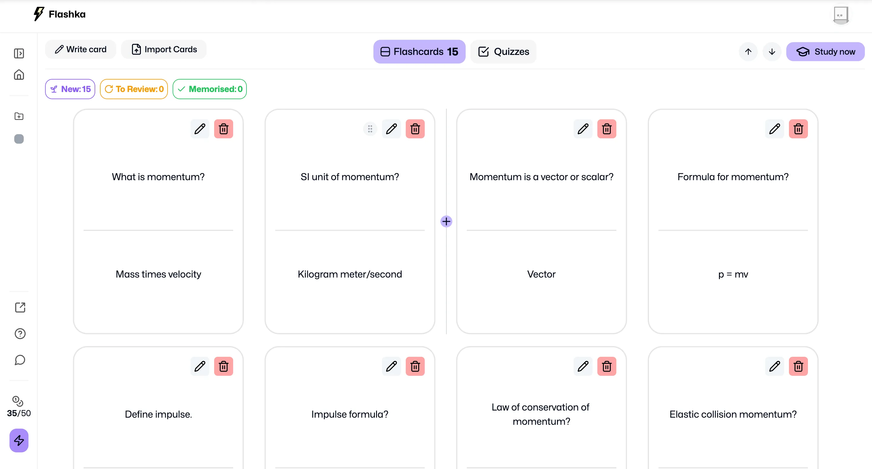 Bộ flashcard được AI của FlashKa tạo ra từ mô tả &quot;Momentum&quot;