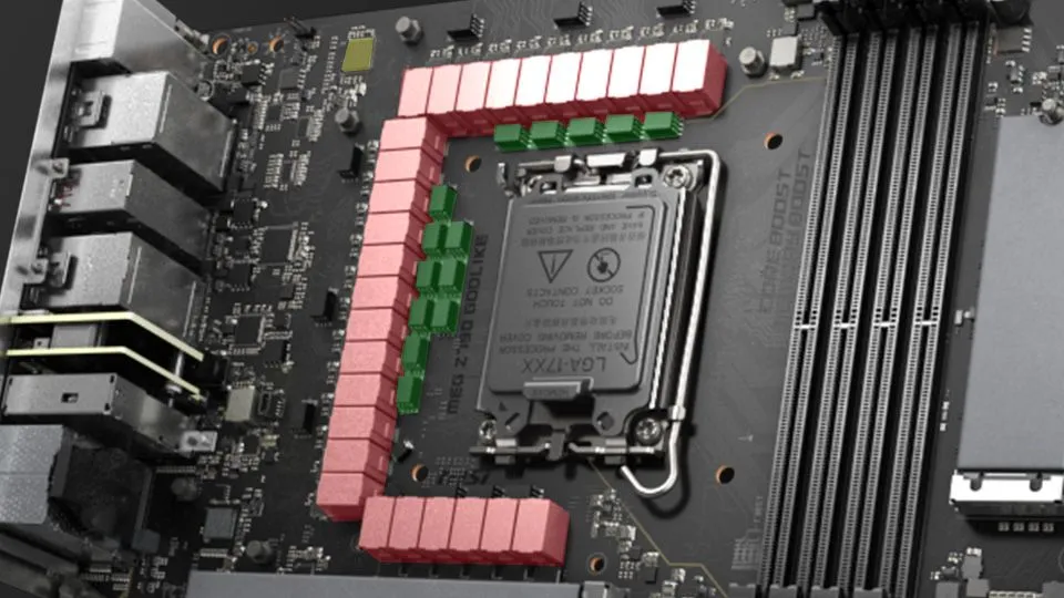 Bo mạch chủ MSI MEG Z790 với các module VRM được tô đỏ, thể hiện khu vực cấp nguồn cho CPU