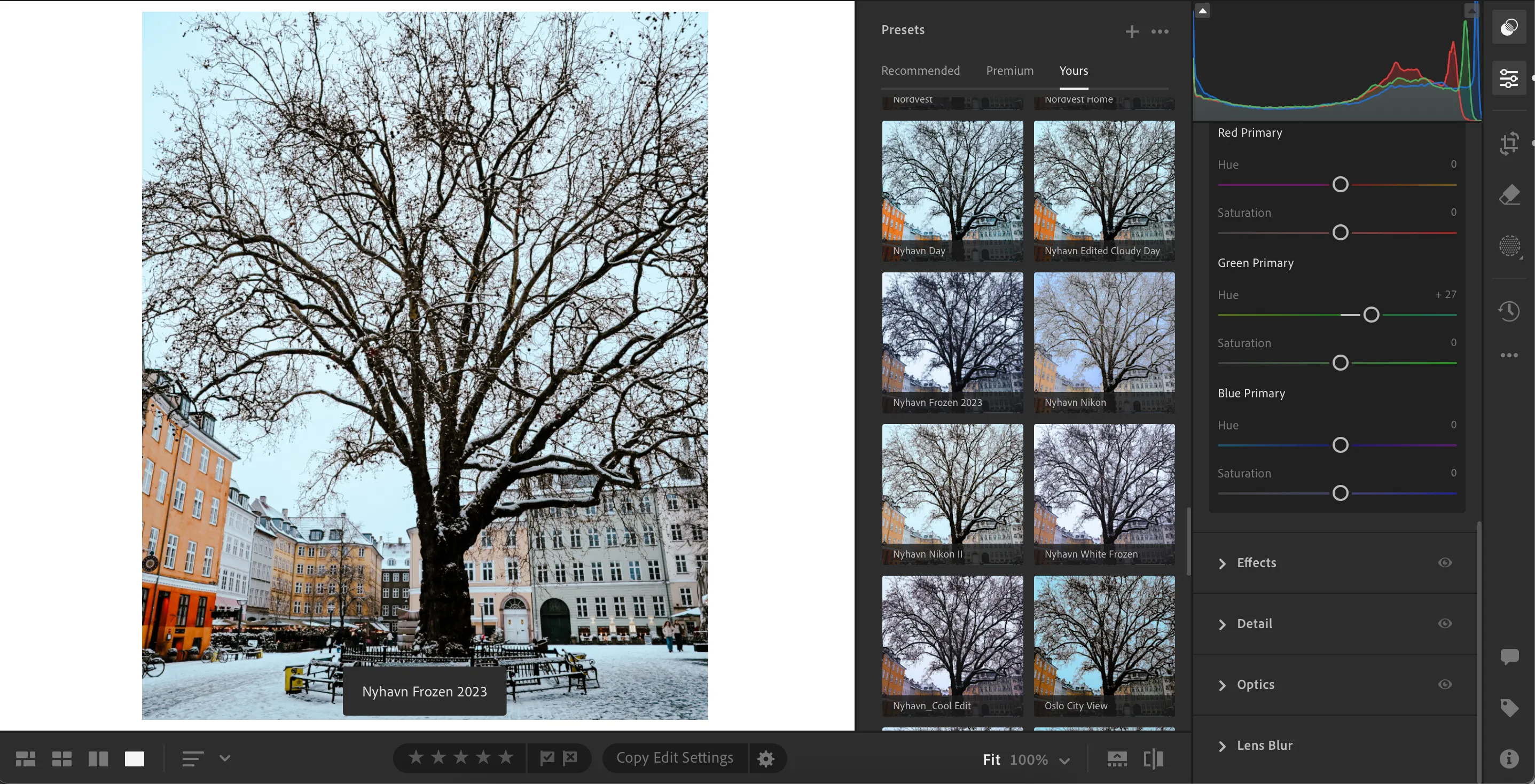 Bộ sưu tập các preset chỉnh sửa ảnh trong giao diện Adobe Lightroom, hiển thị nhiều lựa chọn