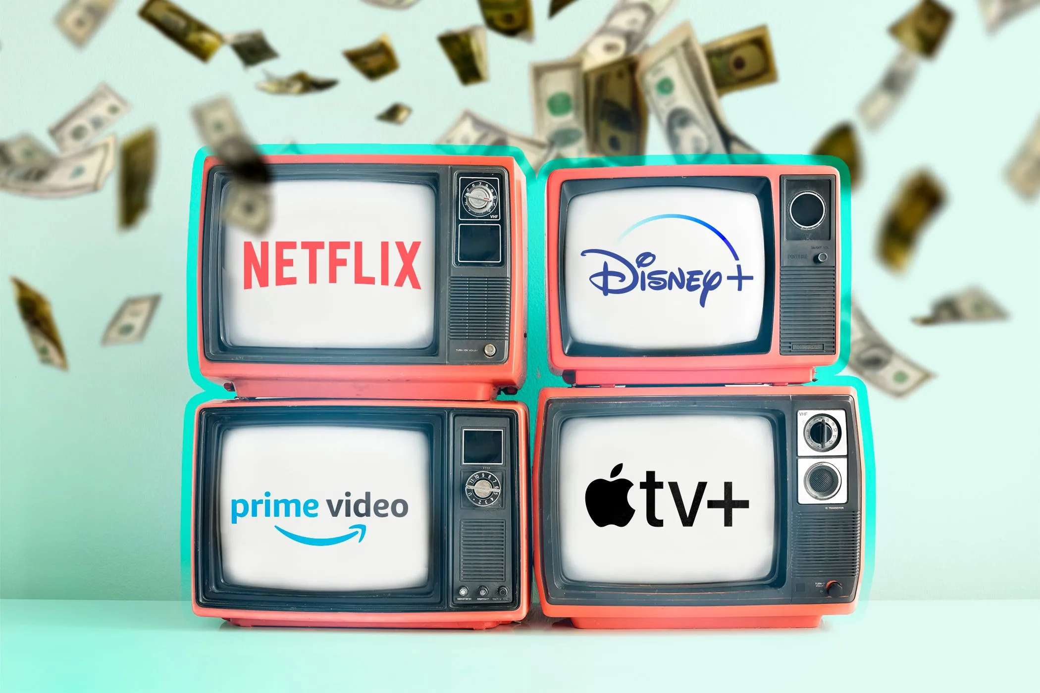Bốn chiếc TV hiển thị logo các dịch vụ streaming cùng những tờ đô la rơi xuống, minh họa cách các hãng TV kiếm tiền từ dữ liệu xem của người dùng thông qua quảng cáo và đề xuất nội dung.