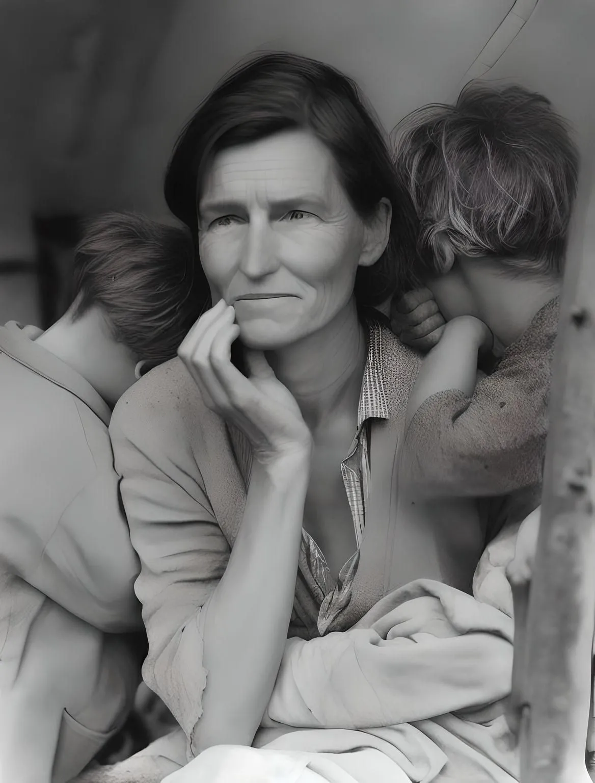 Bức ảnh do AI Fotor tạo ra từ ảnh gốc &quot;Migrant Mother&quot;, thể hiện người mẹ và hai đứa con với bố cục tương đồng.