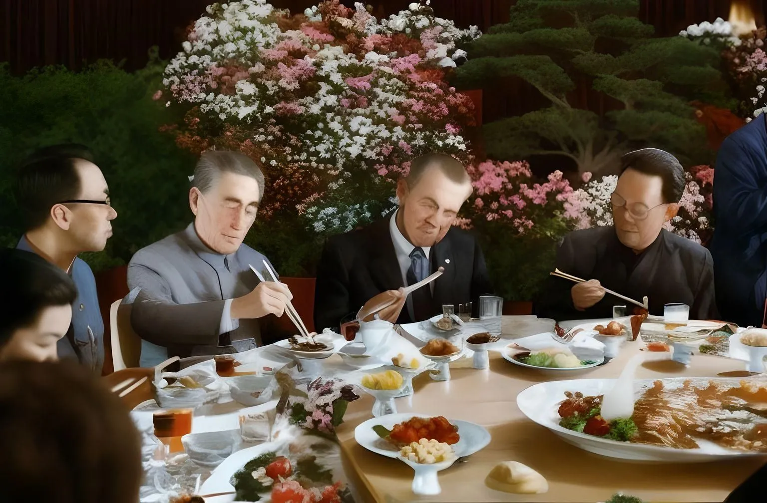 Bức ảnh do AI tạo ra, mô tả cựu tổng thống Richard Nixon ăn tối trong một nhà hàng với các quan chức Trung Quốc xung quanh.