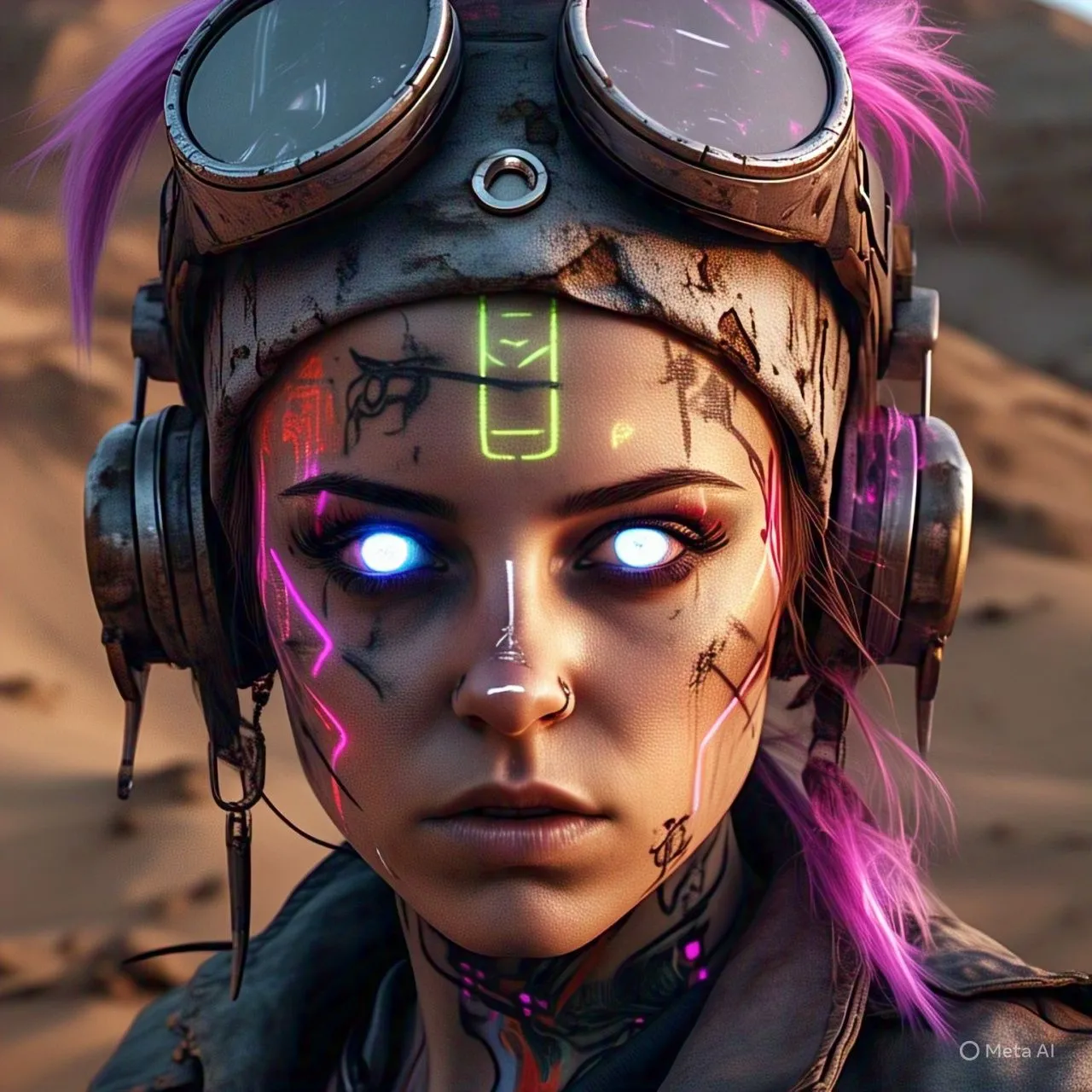 Bức chân dung tĩnh một phụ nữ cyberpunk với hình xăm neon và đôi mắt phát sáng trong khung cảnh sa mạc hoang tàn.