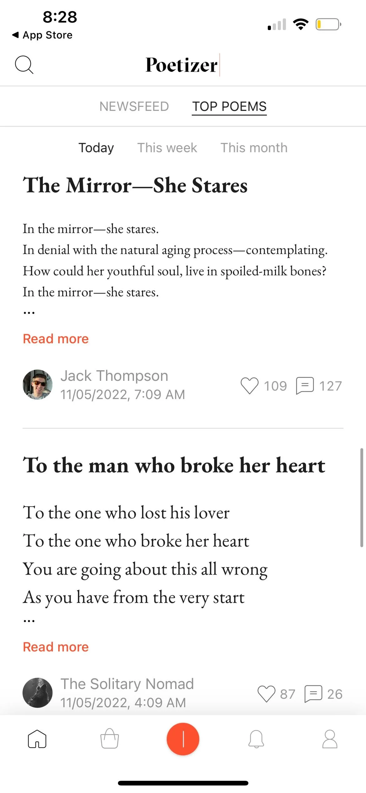 Các bài thơ nổi bật hàng ngày trên ứng dụng Poetizer, nơi người dùng có thể chia sẻ và đọc thơ.
