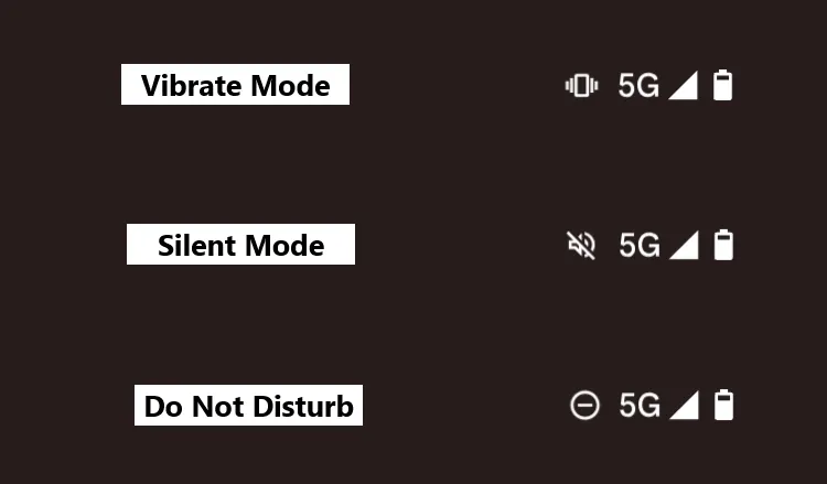 Các biểu tượng chế độ điện thoại Android như rung, im lặng và không làm phiền hiển thị trên thanh trạng thái