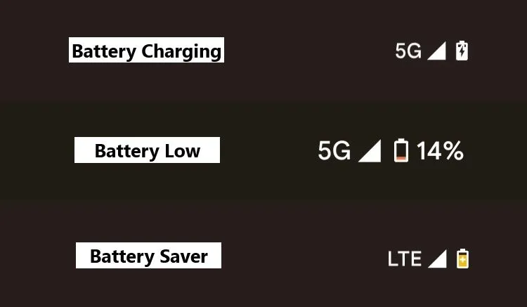 Các biểu tượng pin trên thanh trạng thái Android hiển thị trạng thái sạc, tiết kiệm pin và pin yếu