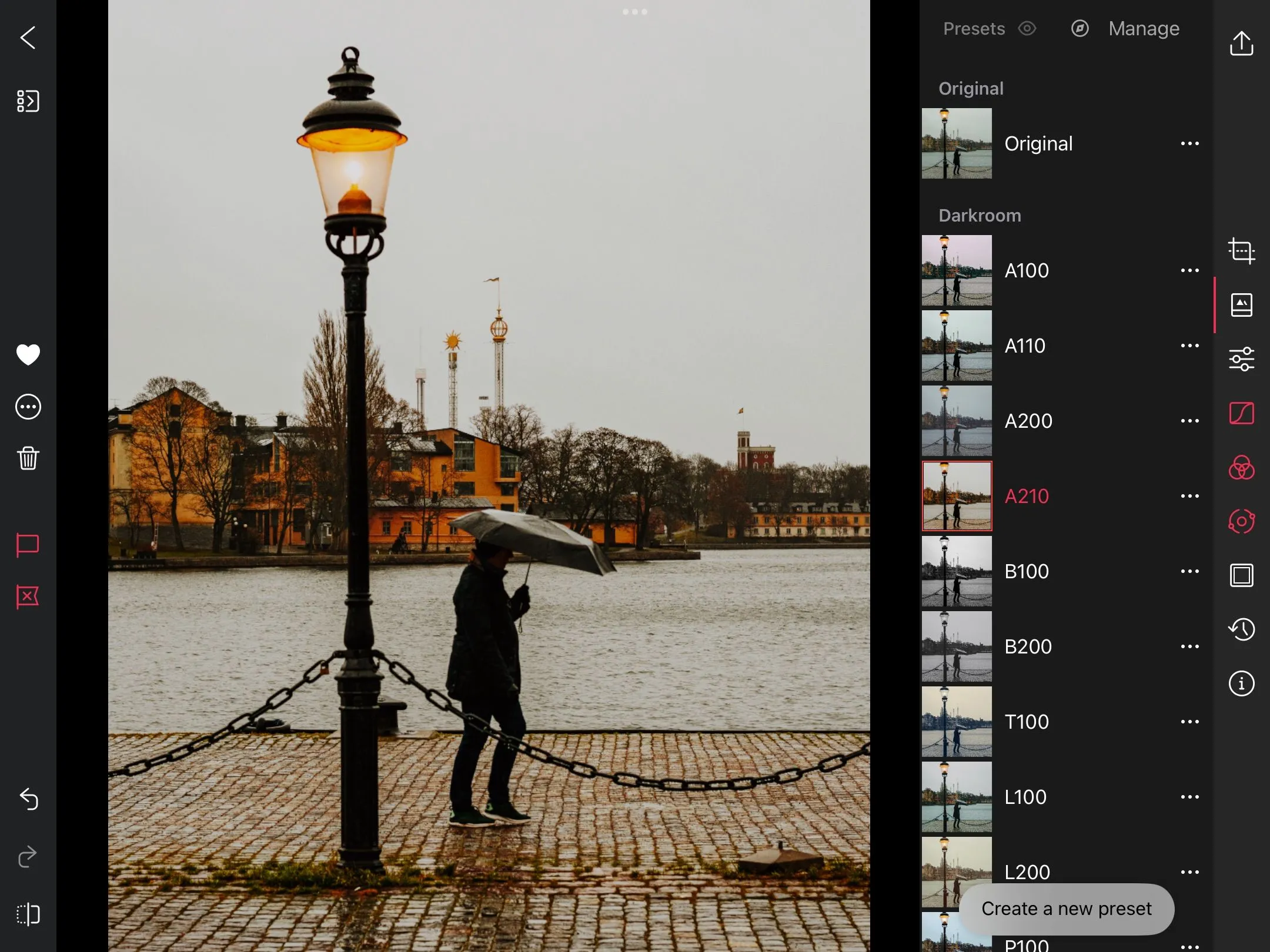 Các bộ lọc preset có sẵn trong ứng dụng Darkroom trên iPad để chỉnh sửa nhanh