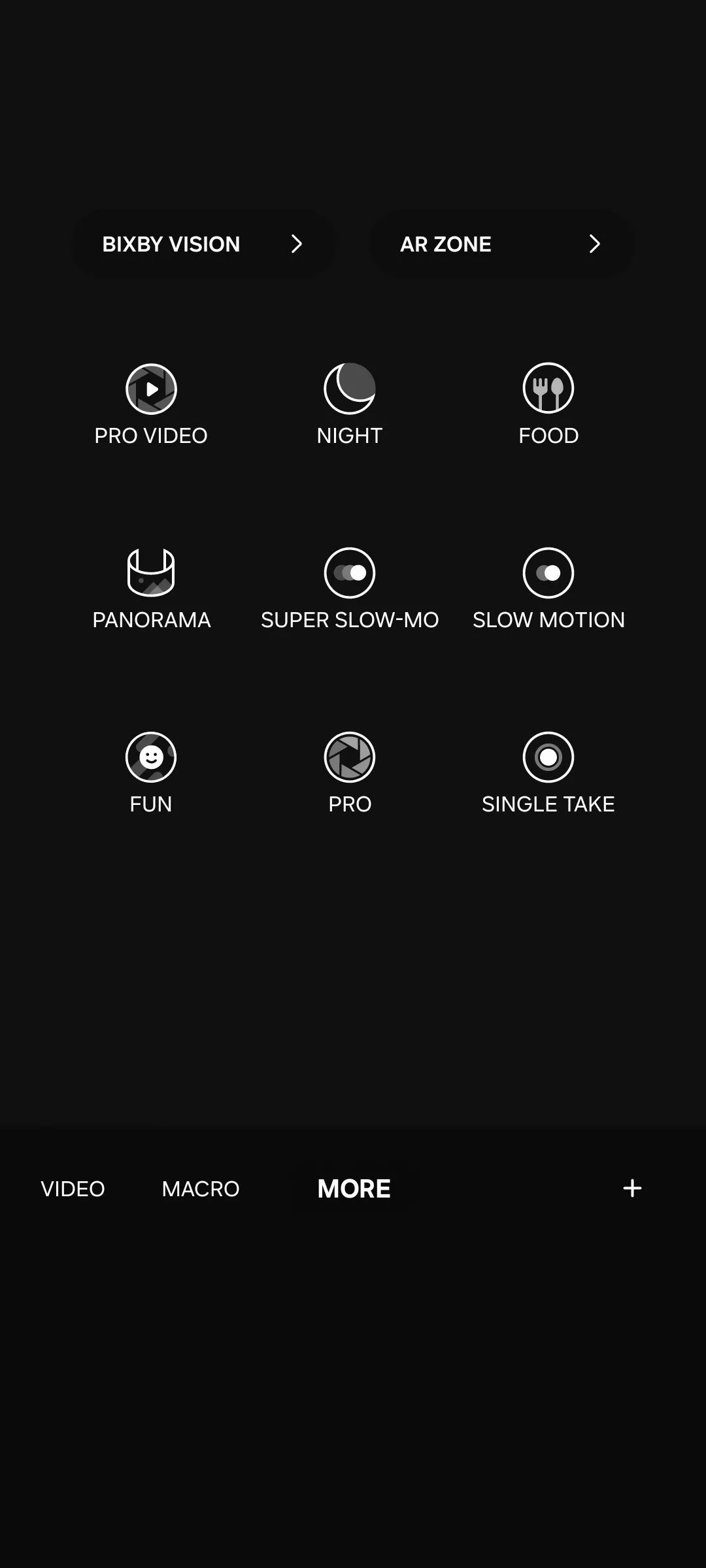 Các chế độ chụp ảnh khác nhau trong ứng dụng camera Samsung, bao gồm chế độ Pro