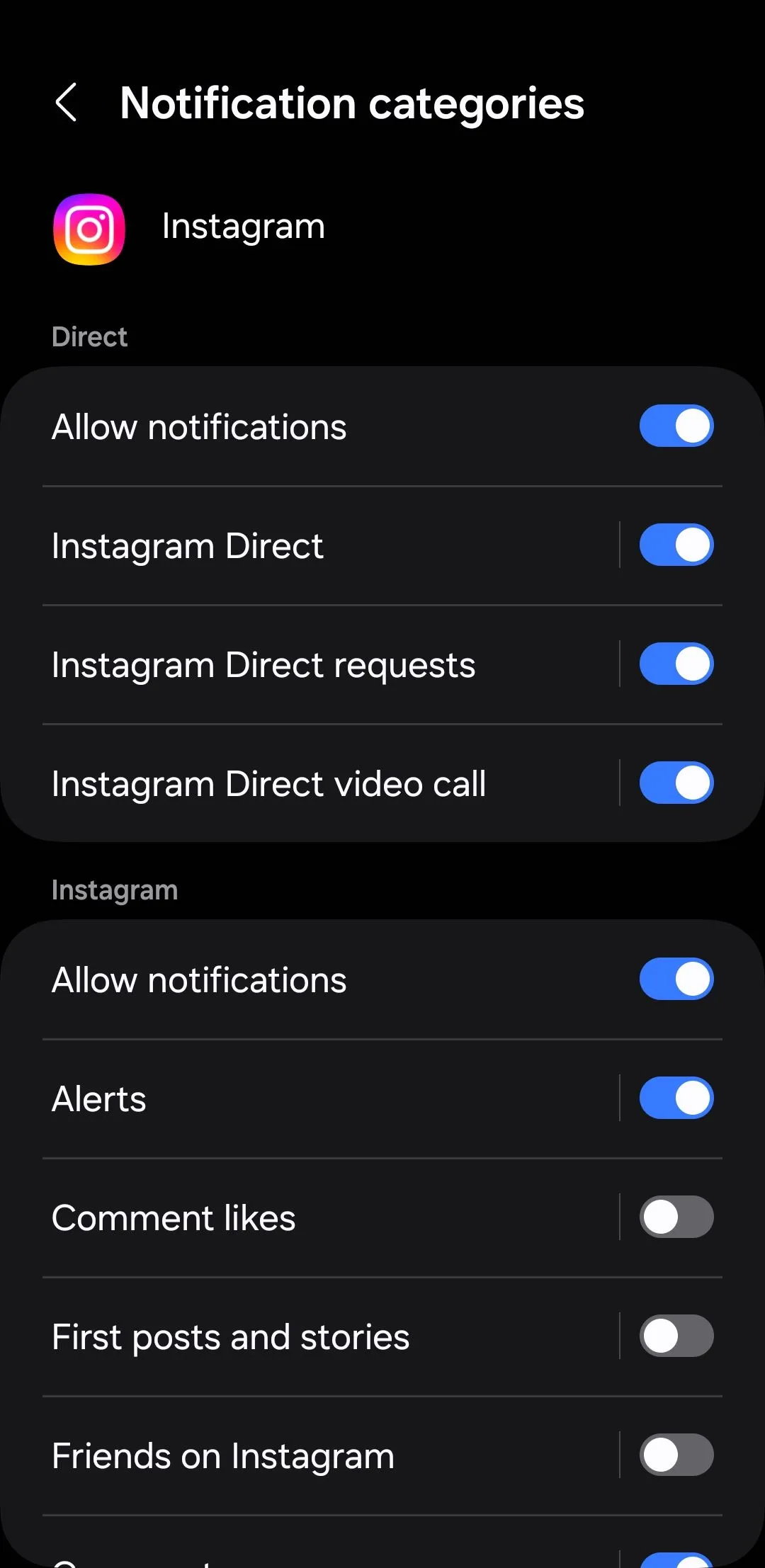 Các danh mục thông báo ứng dụng Instagram trên Android, cho phép tắt thông báo like, bình luận, và theo dõi mới.