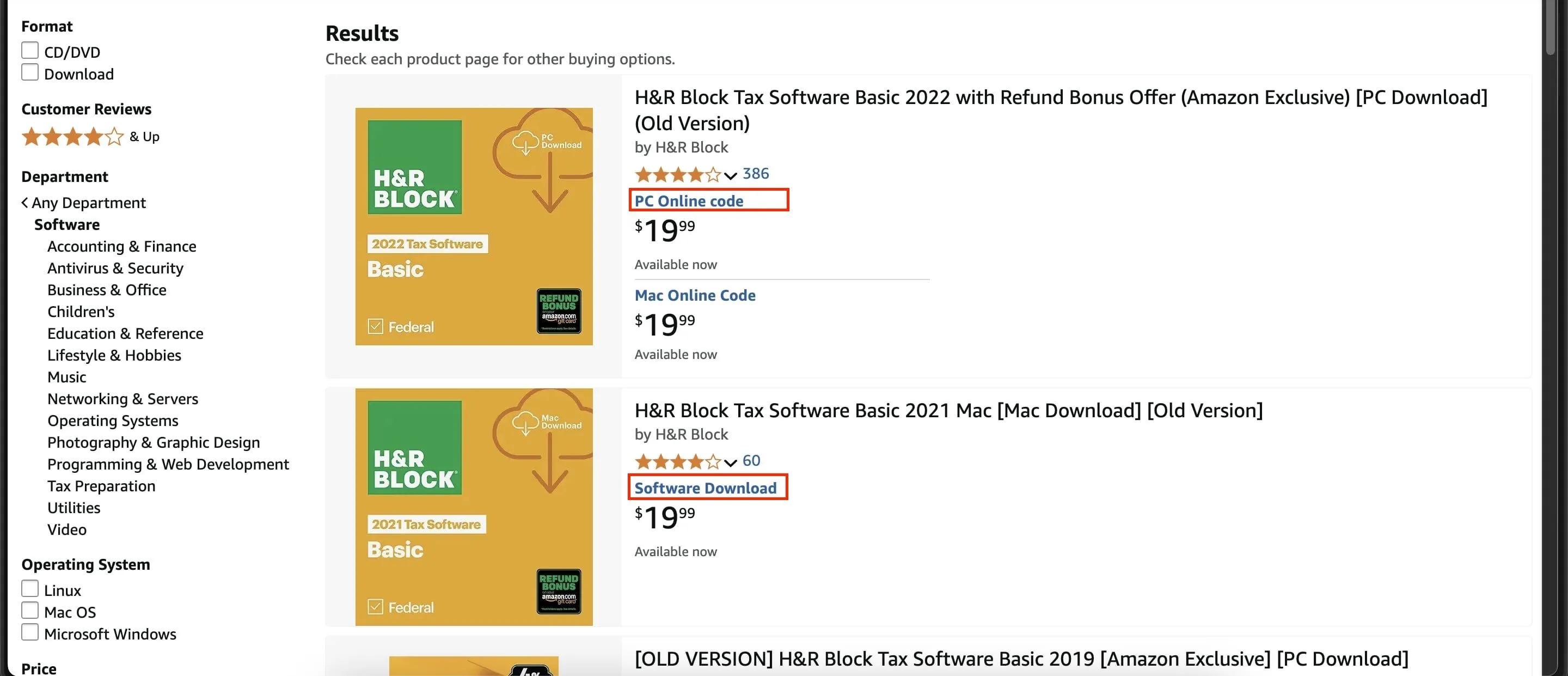 Các danh sách phần mềm trên Amazon với phần phương thức giao hàng được đánh dấu, bao gồm &quot;Online Code&quot; và &quot;Download&quot;.