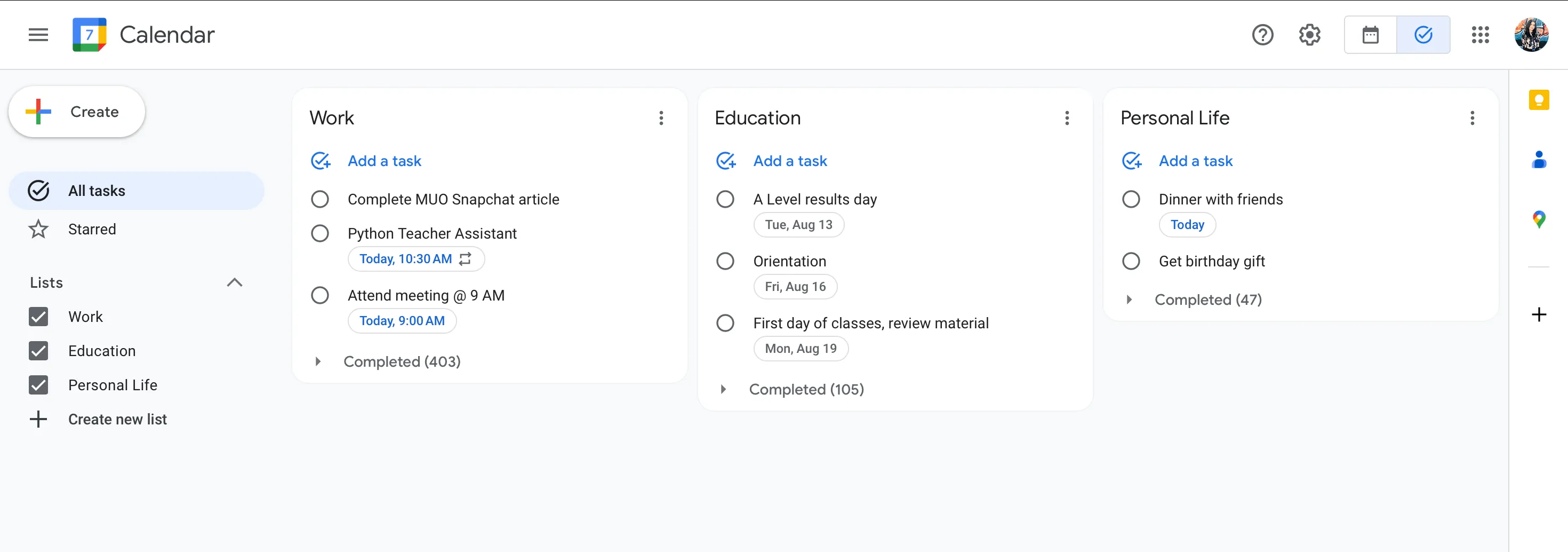 Các danh sách tác vụ khác nhau được hiển thị rõ ràng trong thanh bên của Google Tasks.