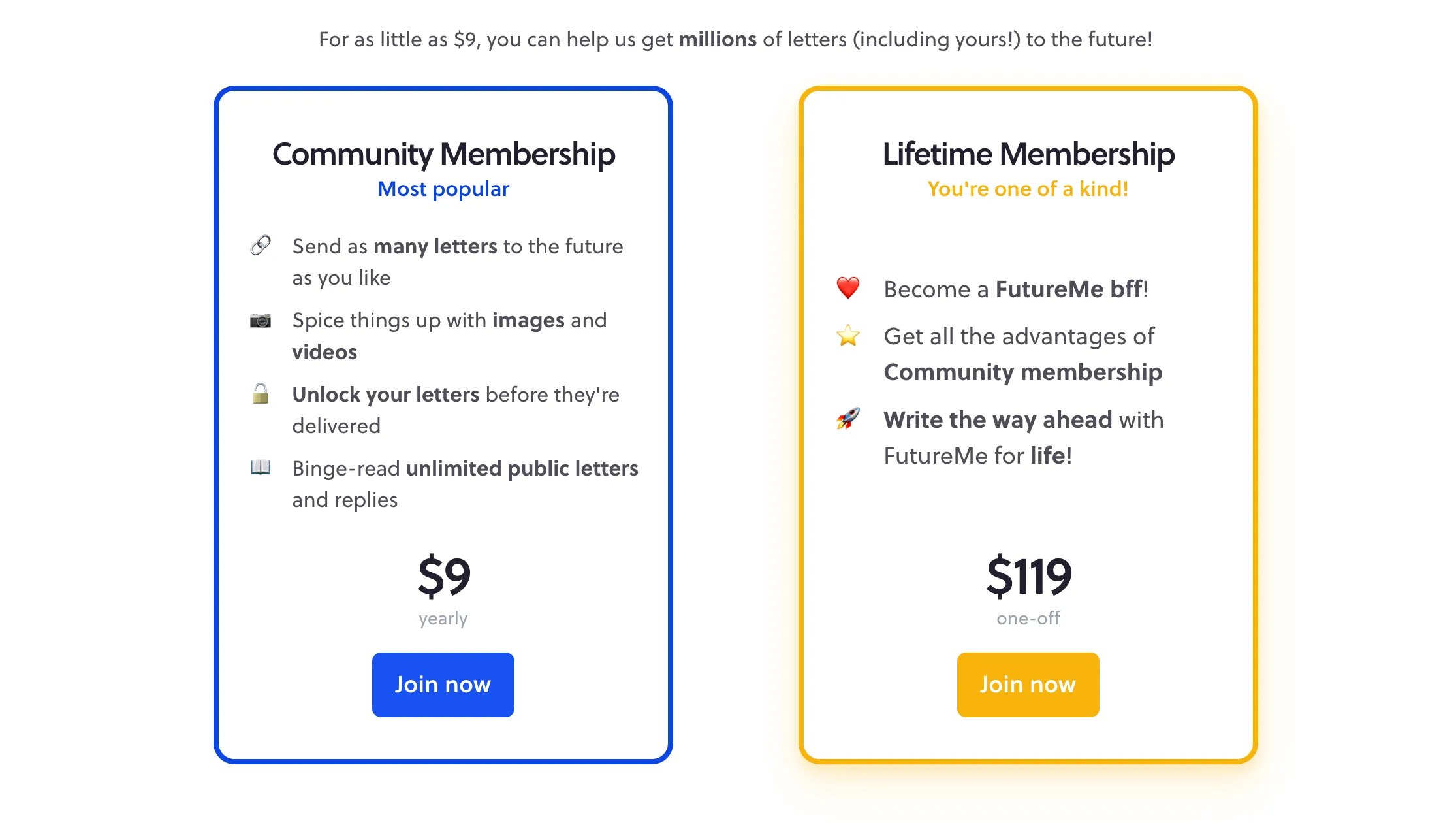 Các gói đăng ký cao cấp Community và Lifetime của FutureMe hiển thị mức giá và lợi ích đi kèm.
