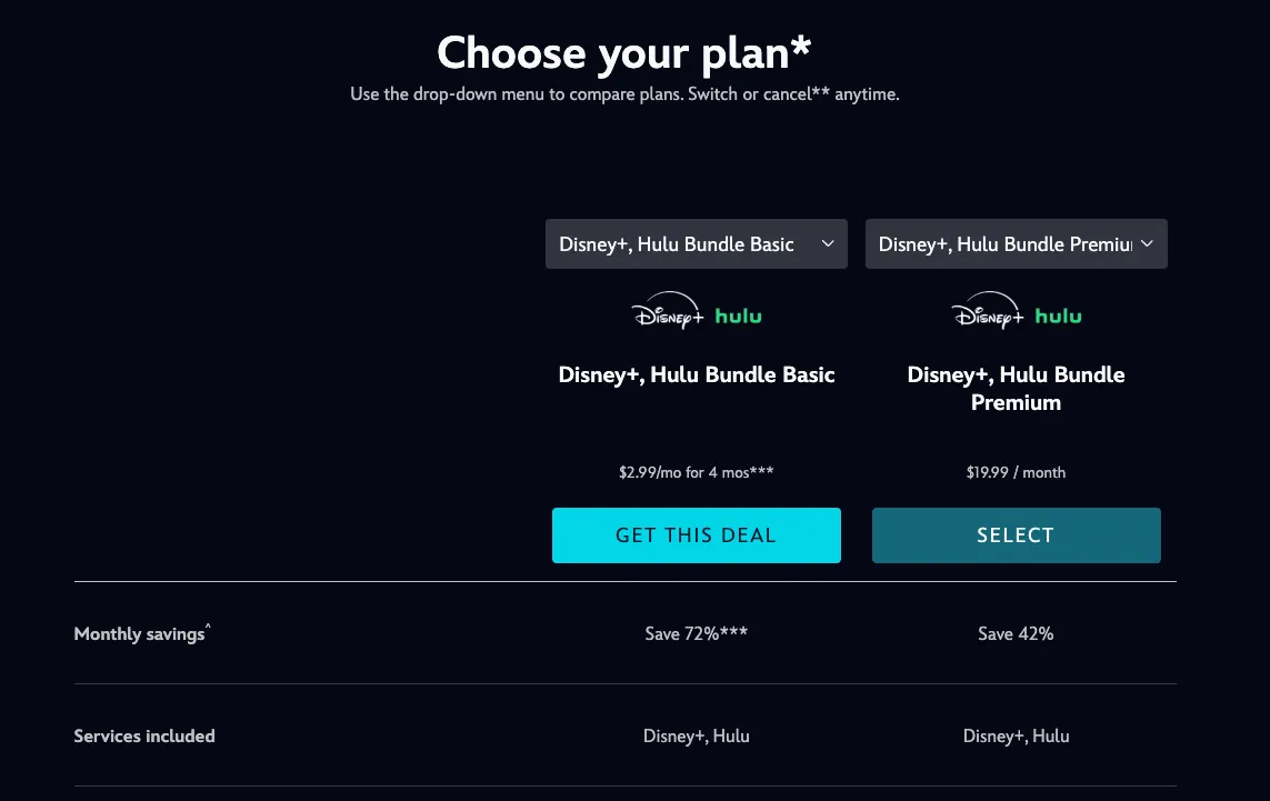Các gói đăng ký Disney+ và Hulu, hiển thị mức giá ưu đãi