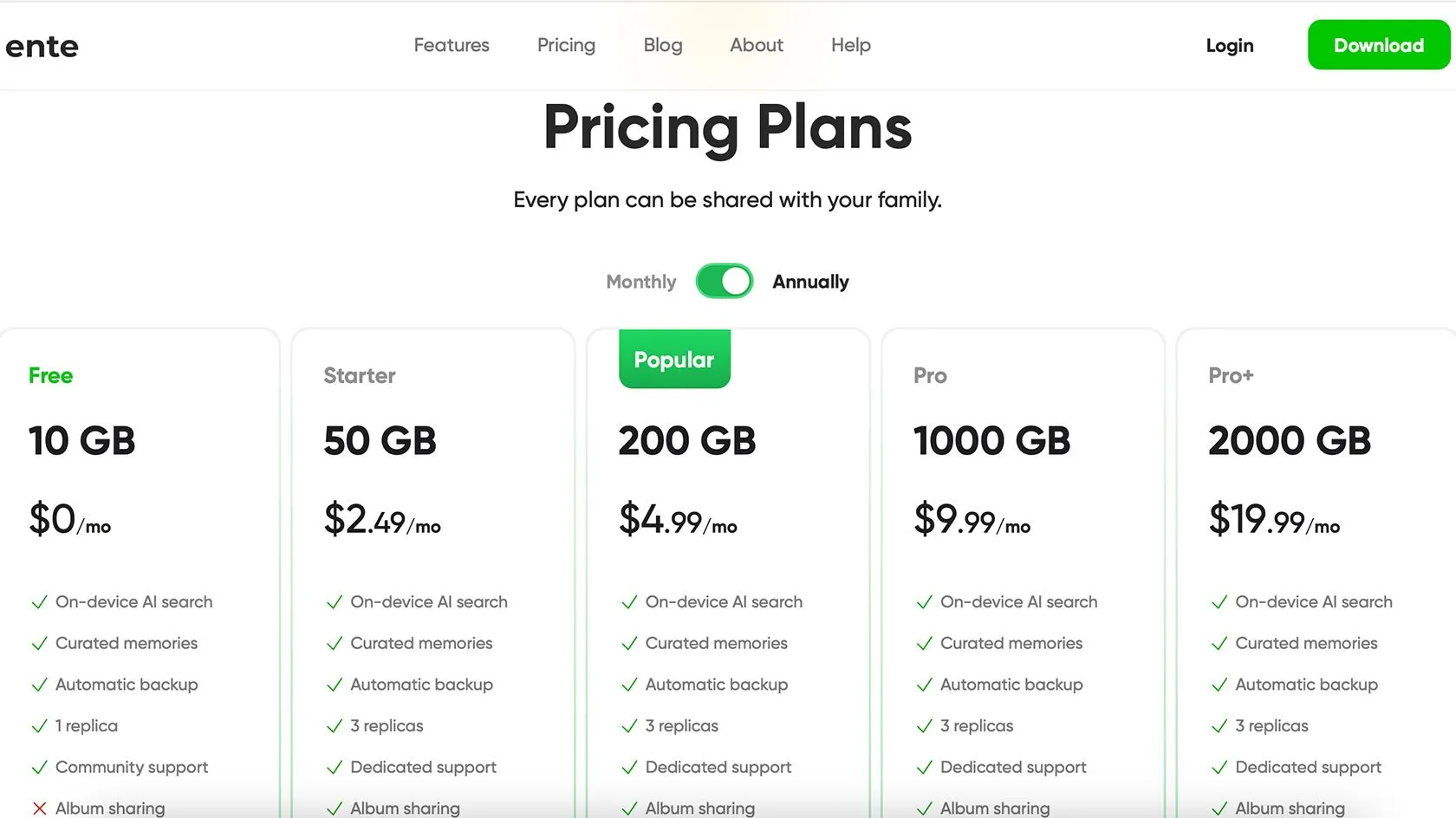 Các gói giá của Ente Photos