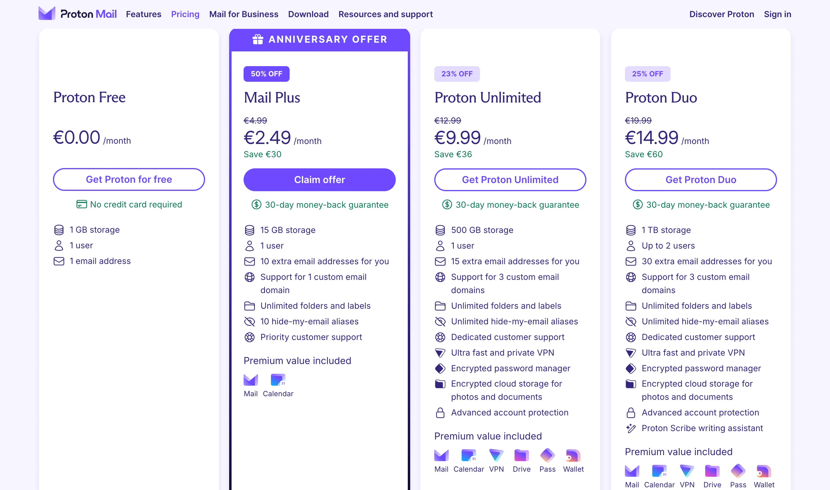 Các gói ProtonMail bao gồm Proton VPN và các lợi ích khác