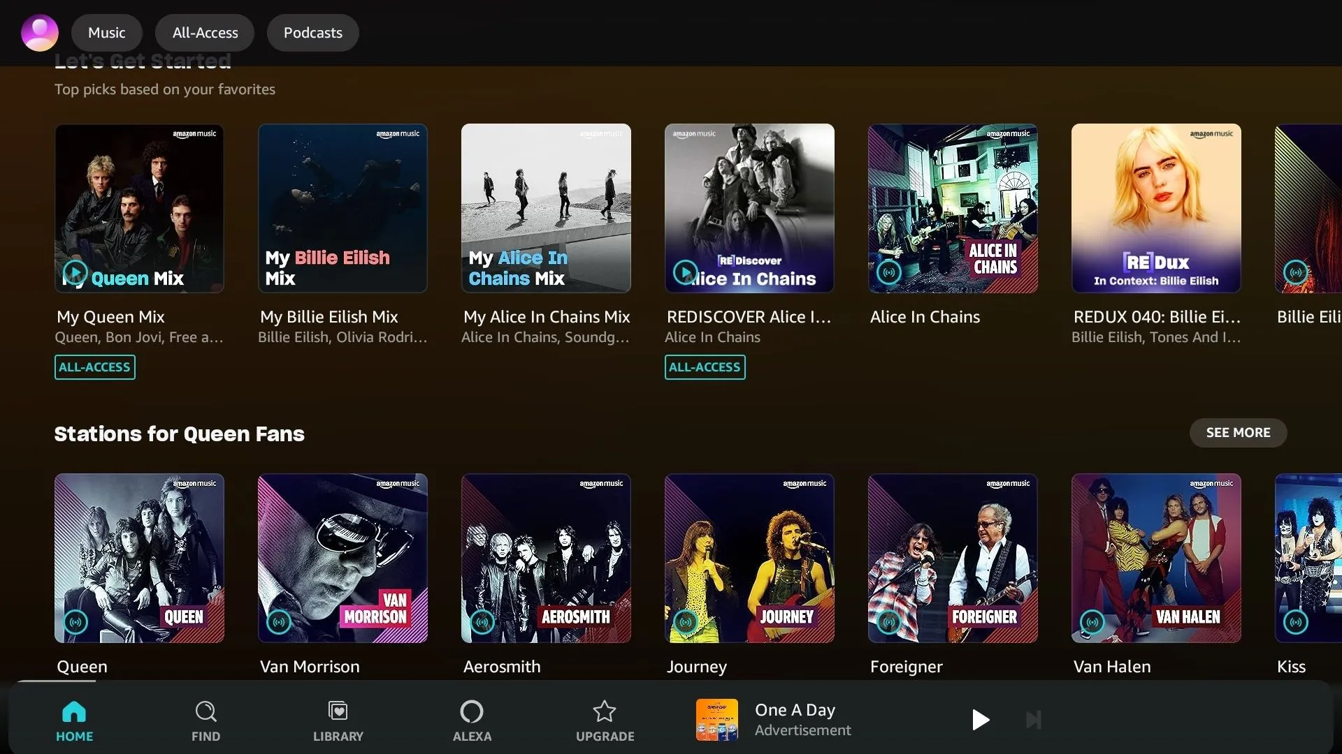 Các hàng danh sách phát Toàn quyền truy cập và cộng đồng trên Amazon Music Prime