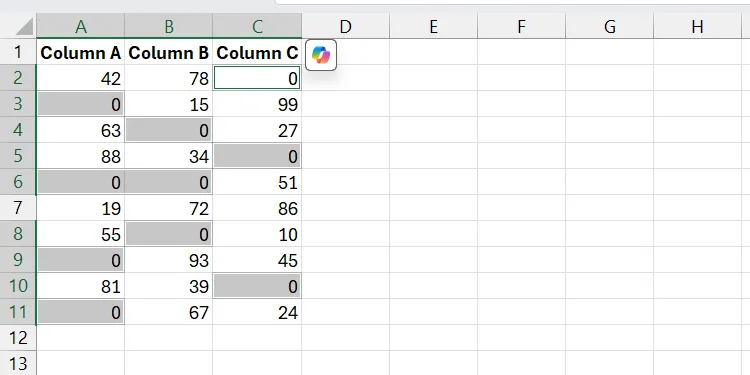 Các ô trống đã được điền giá trị tự động trong Excel bằng tính năng Go to Special.
