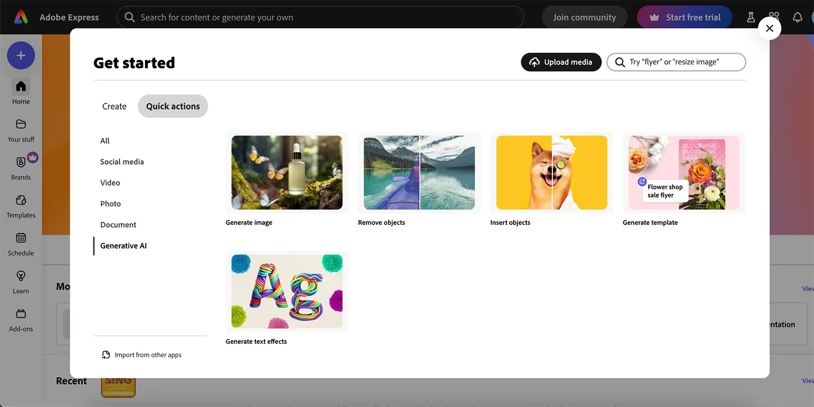 Các tính năng AI nhanh chóng của Adobe Express, bao gồm tạo ảnh và hiệu ứng văn bản bằng AI Firefly.