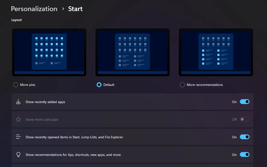 Các tùy chọn cài đặt cá nhân hóa Start Menu trong Windows 11