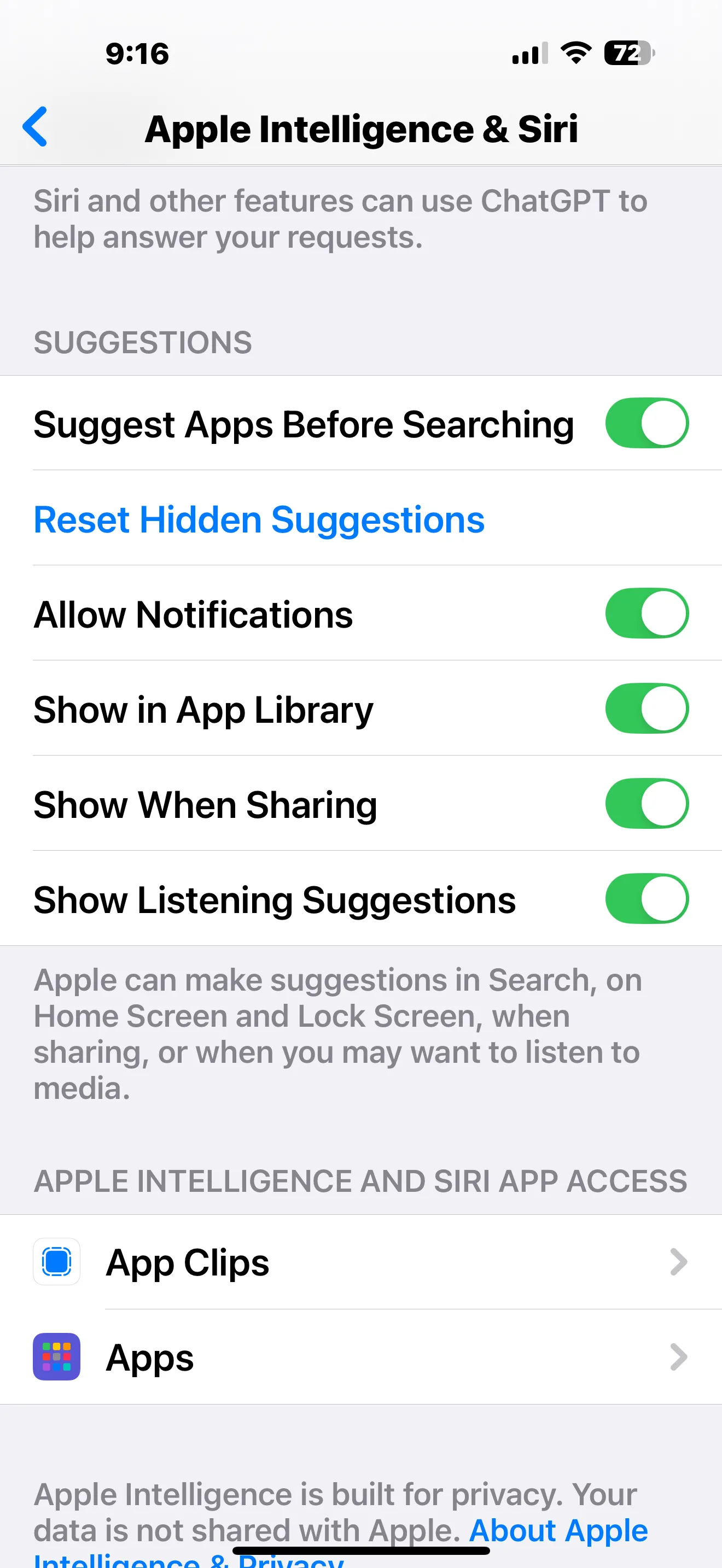 Các tùy chọn cài đặt và quyền truy cập ứng dụng của Apple Intelligence, giúp tùy chỉnh trải nghiệm AI