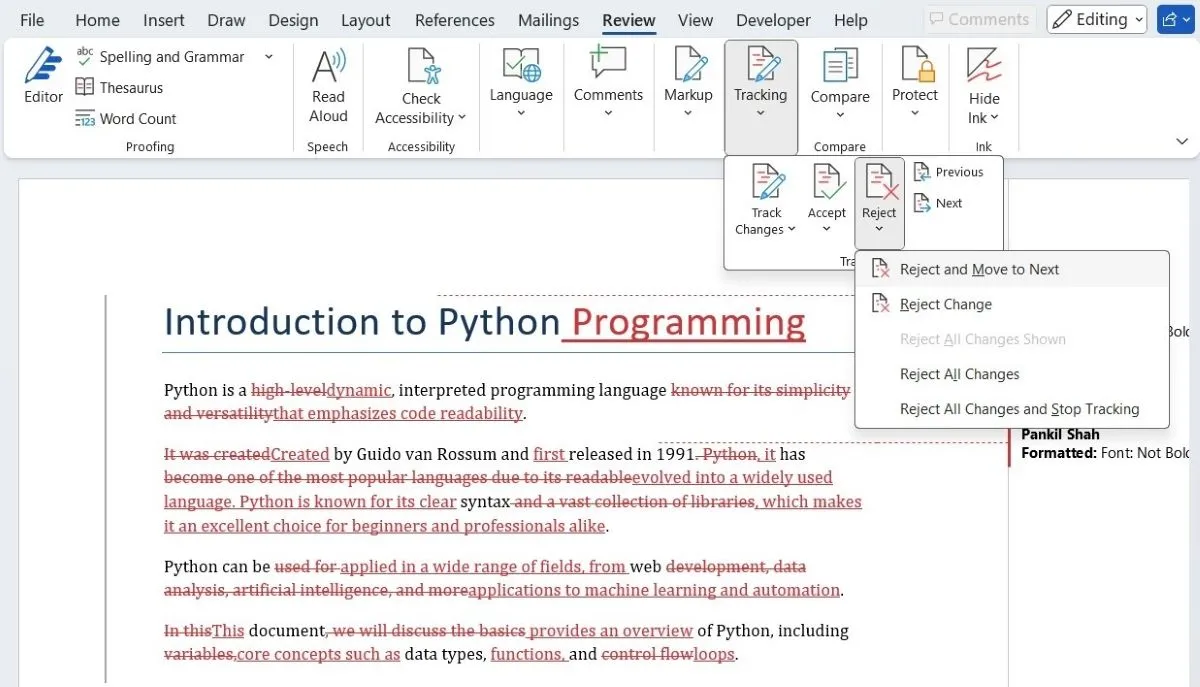 Các tùy chọn Chấp nhận (Accept) hoặc Từ chối (Reject) thay đổi trong tài liệu Word đã so sánh