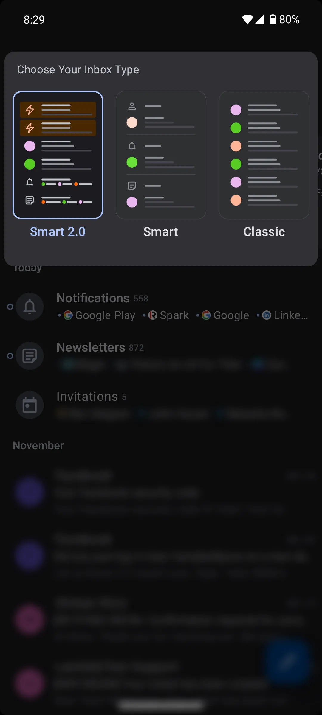 Các tùy chọn chế độ xem hộp thư đến trong Spark Mail Android, bao gồm Classic, Smart và Smart 2.0.