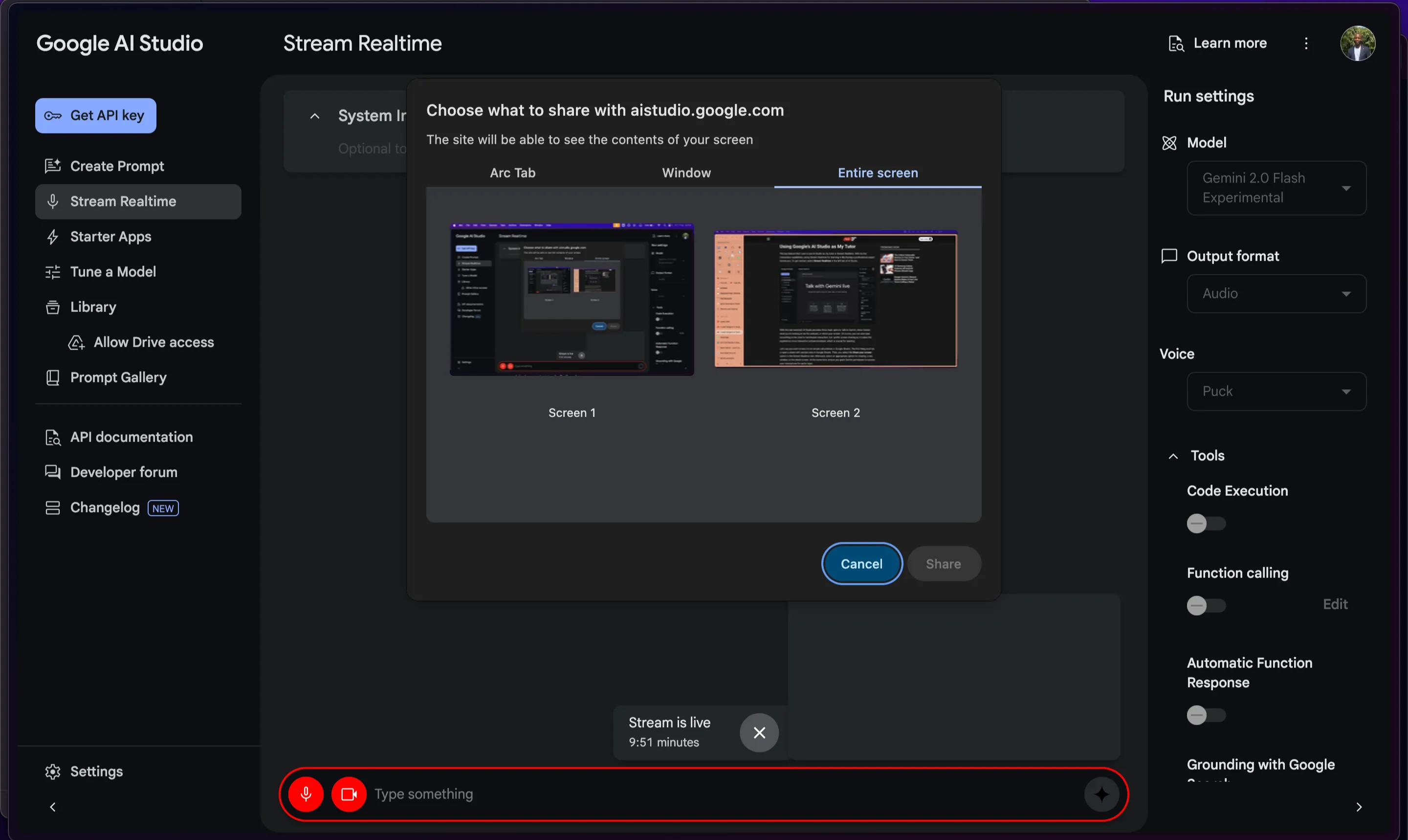 Các tùy chọn chia sẻ màn hình trong Google AI Studio khi kích hoạt Stream Realtime