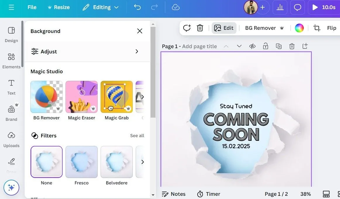 Các tùy chọn của Magic Studio trong ứng dụng Canva, bao gồm Magic Edit và công cụ xóa nền, thể hiện khả năng chỉnh sửa ảnh bằng AI