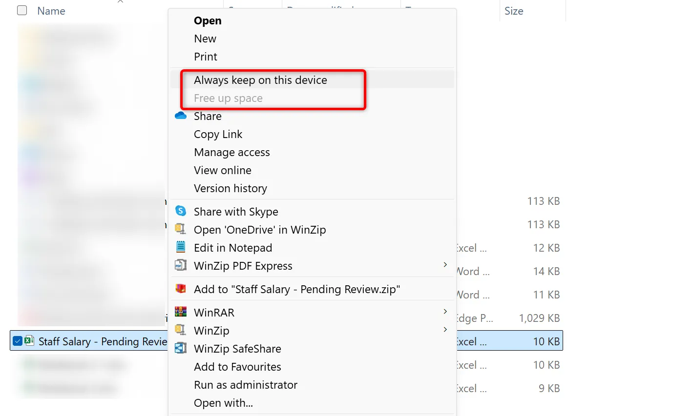 Các tùy chọn giữ tệp OneDrive chỉ trực tuyến hoặc tải về máy tính để tiết kiệm dung lượng lưu trữ.
