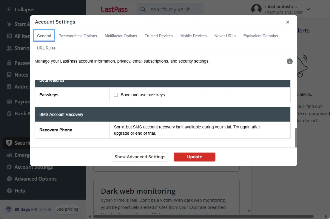 Các tùy chọn khôi phục tài khoản LastPass trên giao diện web, giúp người dùng lấy lại quyền truy cập dễ dàng.