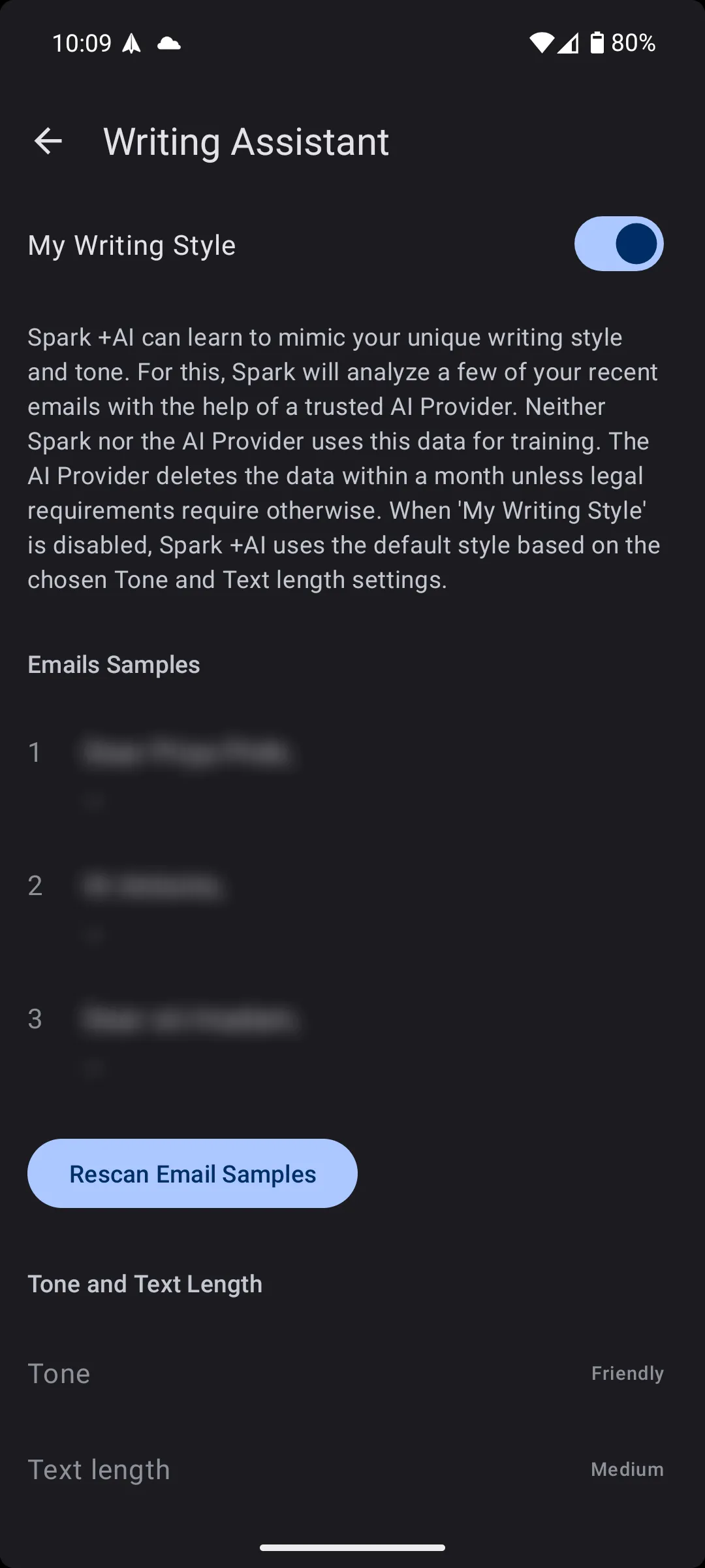 Các tùy chọn kiểu viết và giọng điệu của tính năng Compose with +AI trong Spark Mail, giúp tạo email chuyên nghiệp.