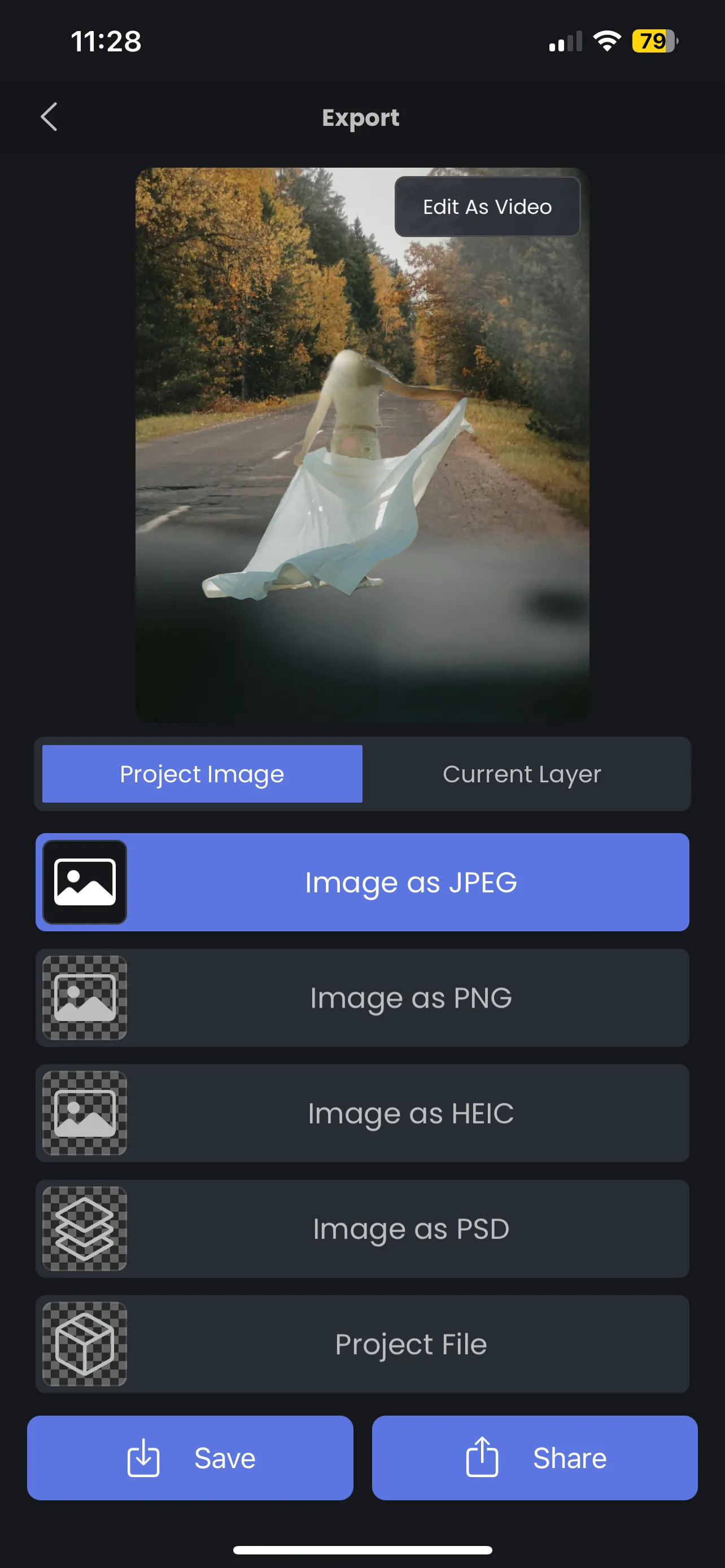 Các tùy chọn lưu ảnh của Superimpose X bao gồm định dạng JPEG, PNG, HEIC, PSD