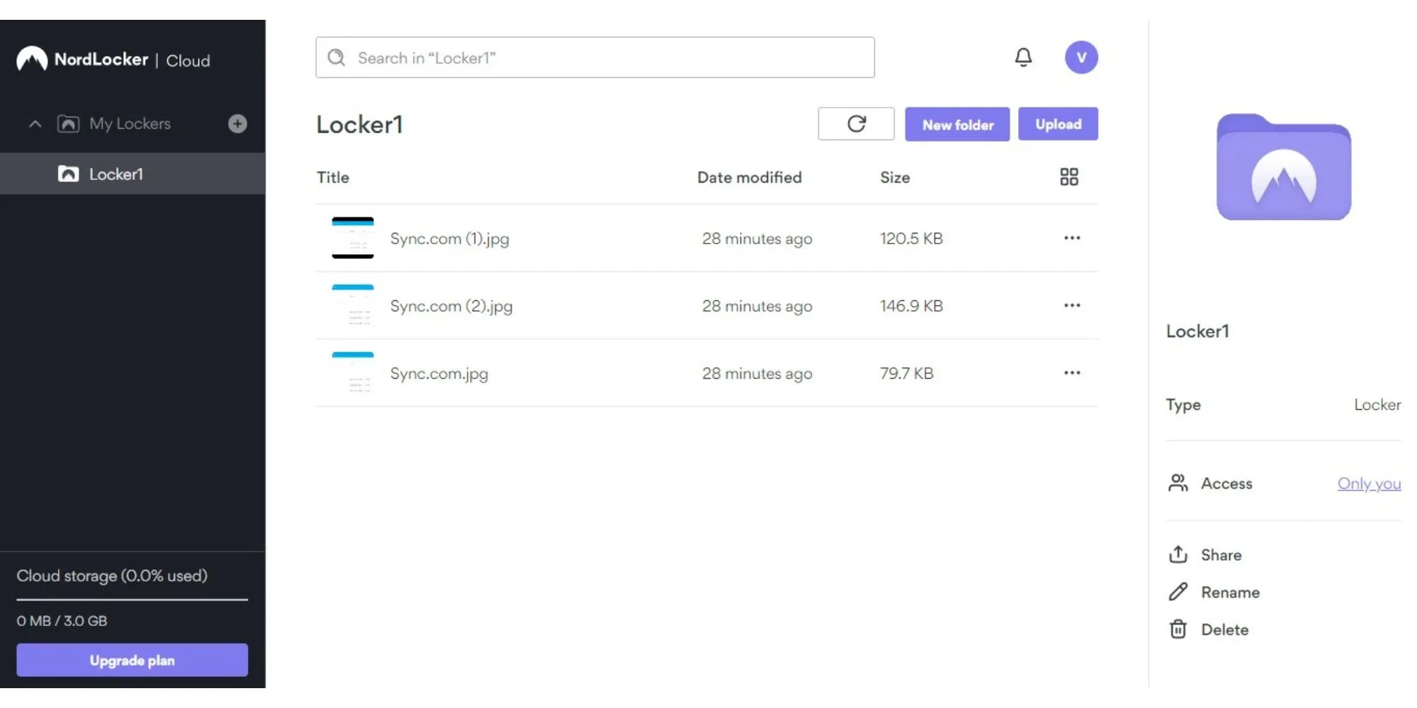 Các tùy chọn lưu trữ đám mây NordLocker, hiển thị giao diện mã hóa và quản lý file an toàn