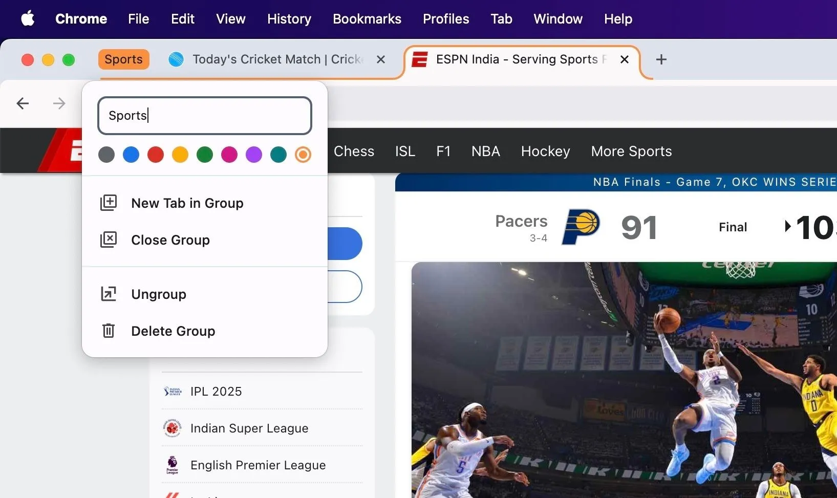Các tùy chọn quản lý nhóm tab trong Chrome trên Mac.