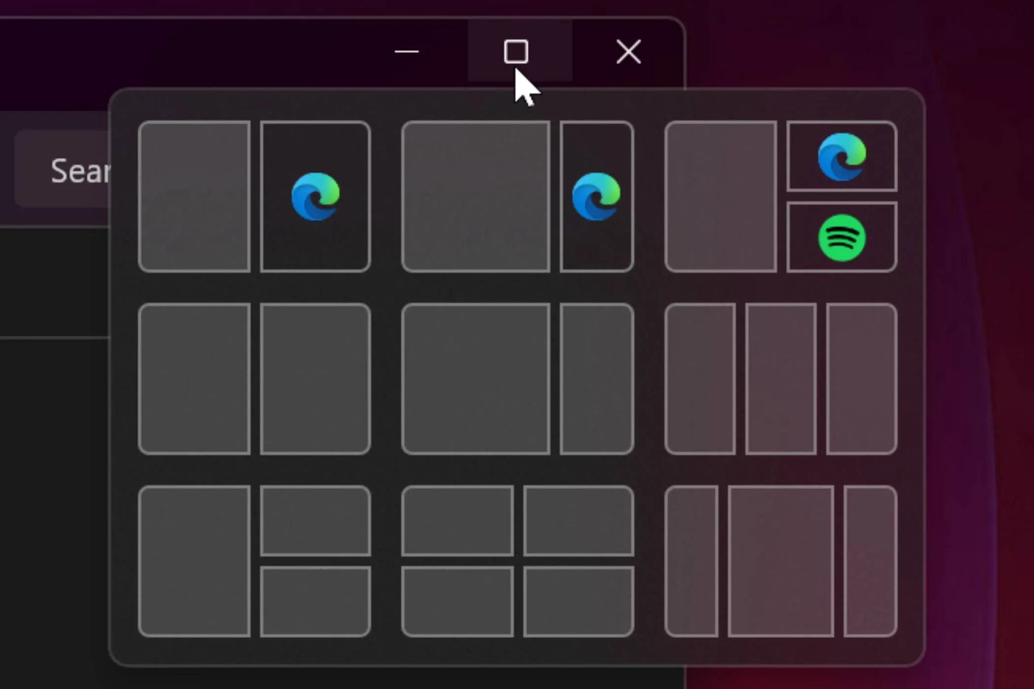 Các tùy chọn Snap Layouts đa dạng của Windows 11 hiển thị khi di chuột vào nút phóng to cửa sổ, giúp chia màn hình linh hoạt.