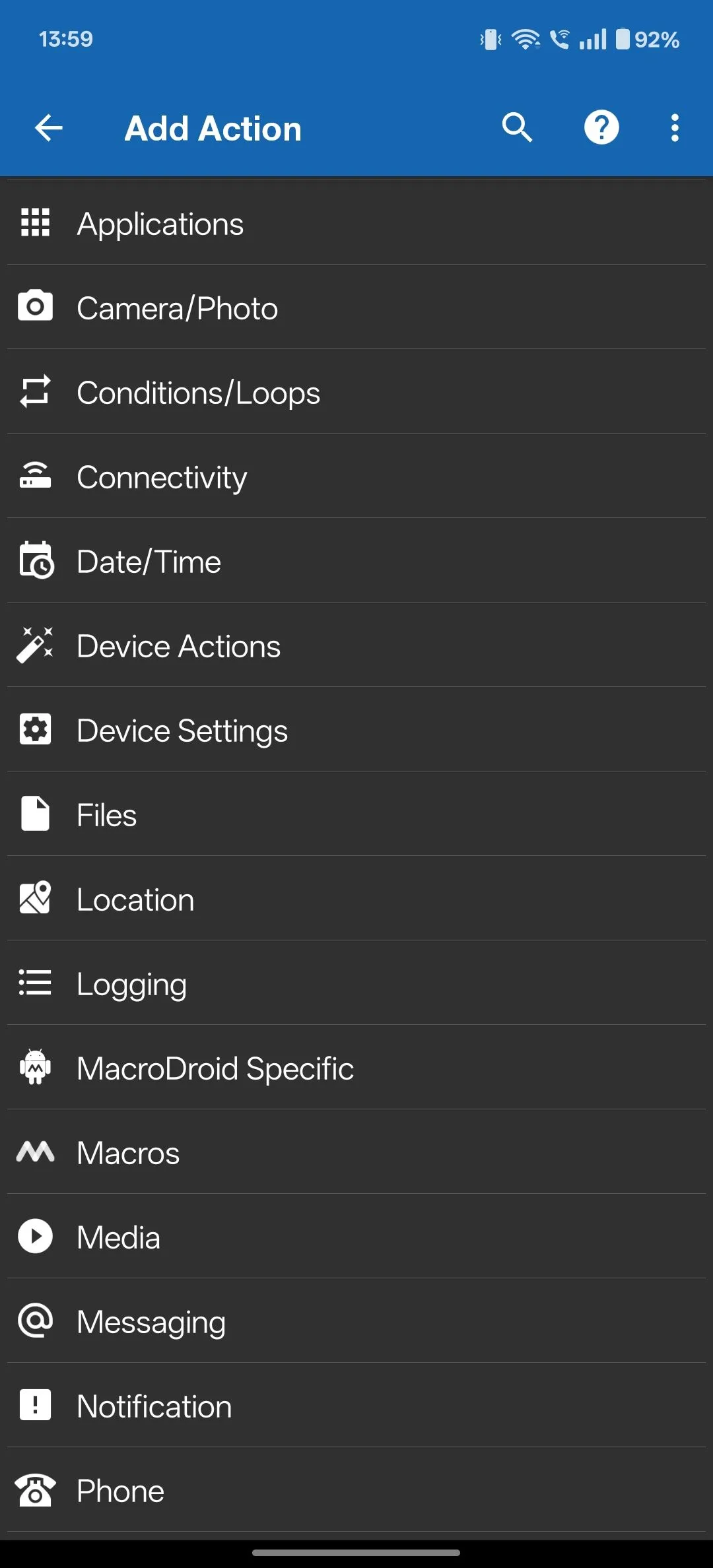 Các tùy chọn tác vụ thông báo trong MacroDroid, lựa chọn 'Display Notification' để hiển thị thông báo tùy chỉnh.