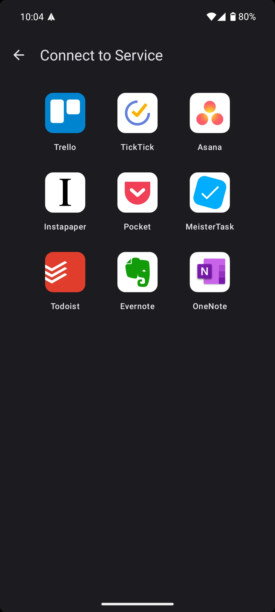 Các tùy chọn tích hợp dịch vụ bên thứ ba trong Spark Mail Android, hỗ trợ quản lý tác vụ từ email.