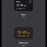Các tùy chọn widget đồng hồ trên điện thoại Samsung, hiển thị giờ và ngày, hỗ trợ cá nhân hóa màn hình chính Android.