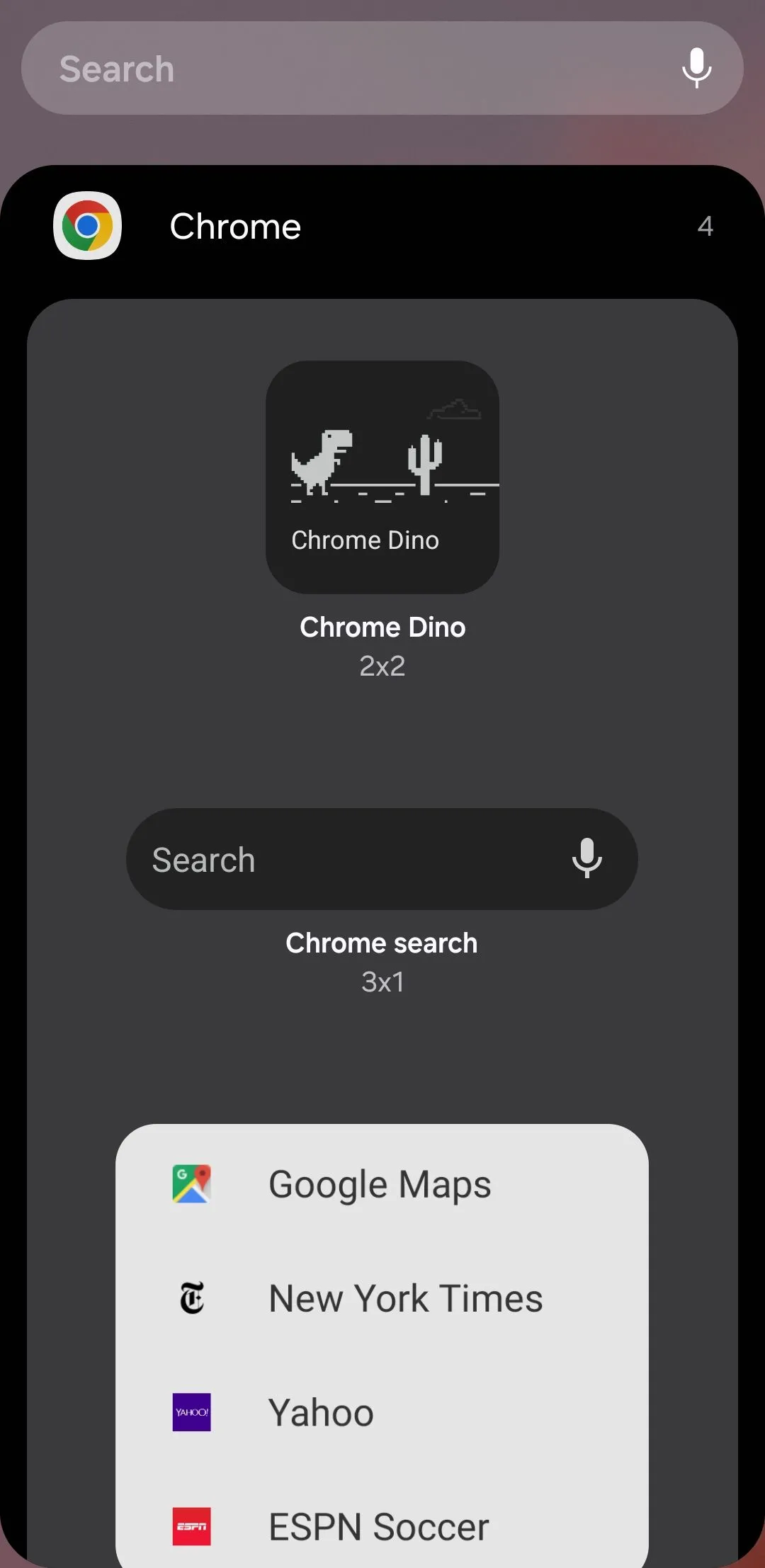 Các tùy chọn widget Google Chrome trên màn hình chính Android, cung cấp phím tắt tìm kiếm, chế độ ẩn danh và trò chơi khủng long.