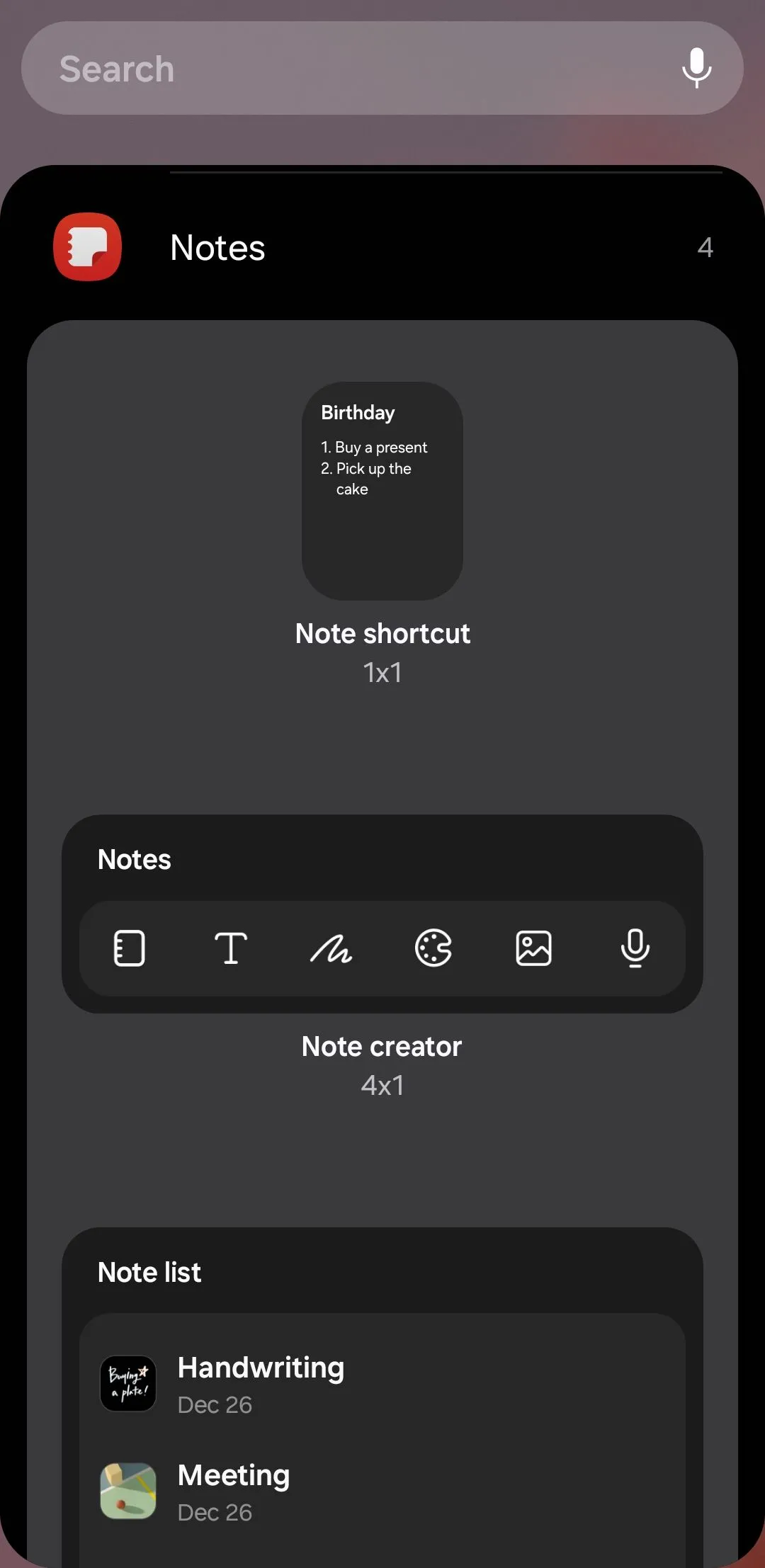 Các tùy chọn widget ứng dụng Samsung Notes trên điện thoại Galaxy, bao gồm phím tắt tạo ghi chú mới và danh sách các ghi chú quan trọng.
