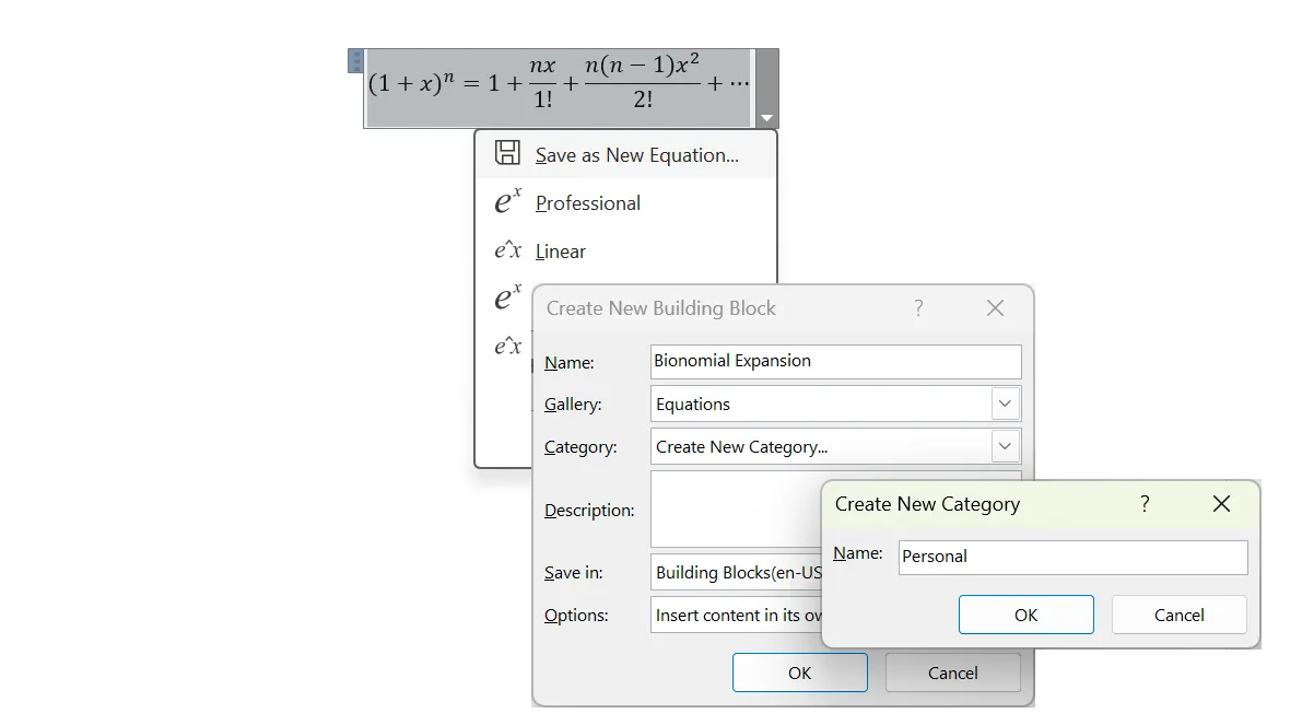 Cách lưu một công thức toán học thường dùng làm mẫu mới trong Microsoft Word để tái sử dụng.