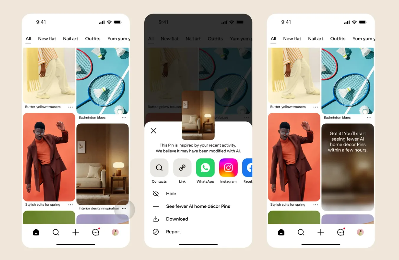 Cách người dùng Pinterest có thể tùy chỉnh để xem ít ghim hình ảnh tạo bởi AI hơn, nâng cao trải nghiệm cá nhân hóa.