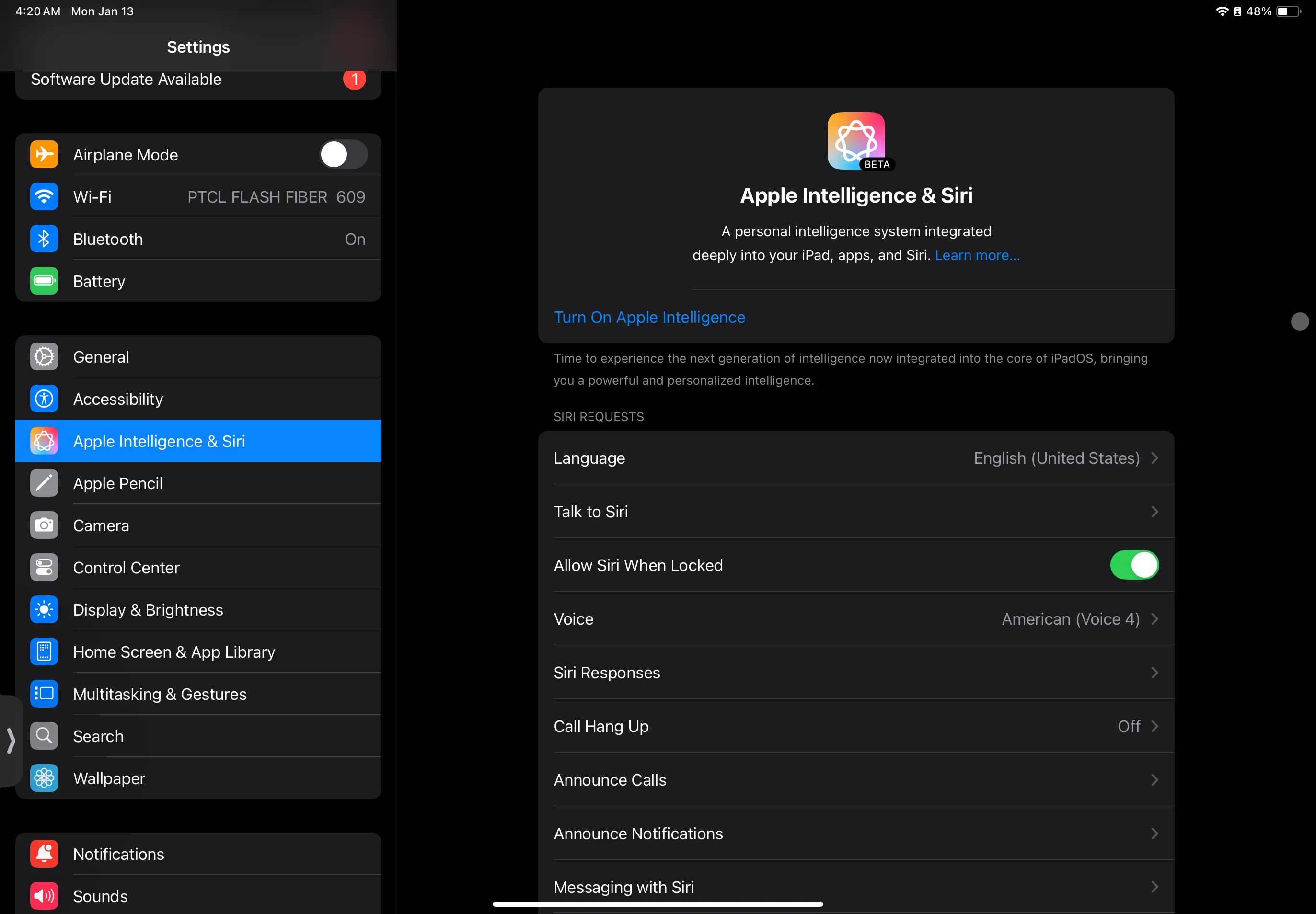 Cài đặt Apple Intelligence và Siri trên iPad, hiển thị tùy chọn bật/tắt tính năng trí tuệ nhân tạo