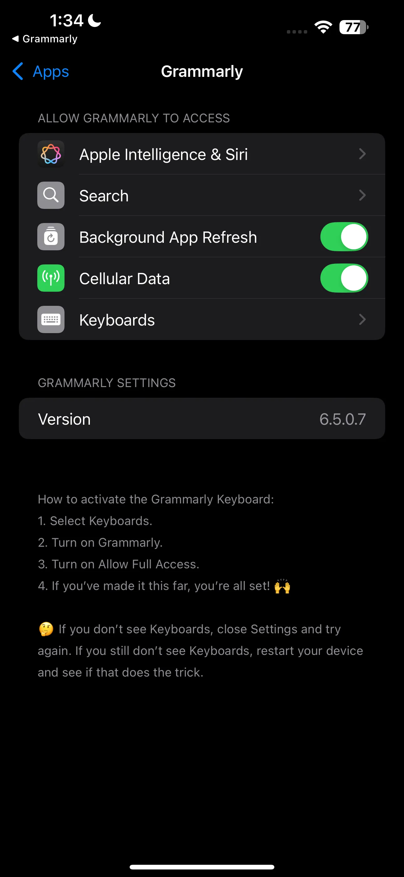 Cài đặt bàn phím Grammarly trên iPhone trong phần Cài đặt chung