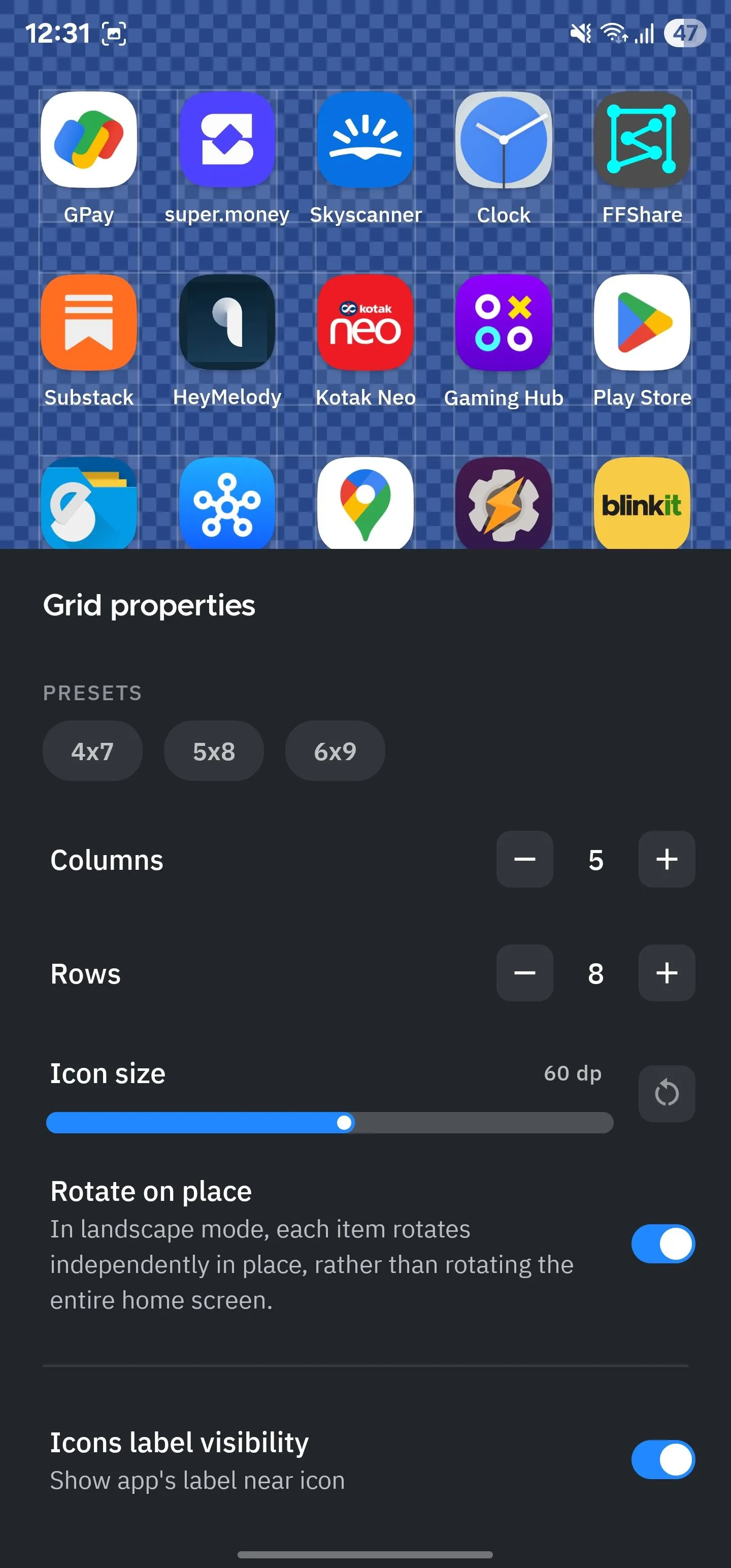 Cài đặt bố cục lưới màn hình chính linh hoạt trên Smart Launcher, cho phép tùy chỉnh số hàng và cột.