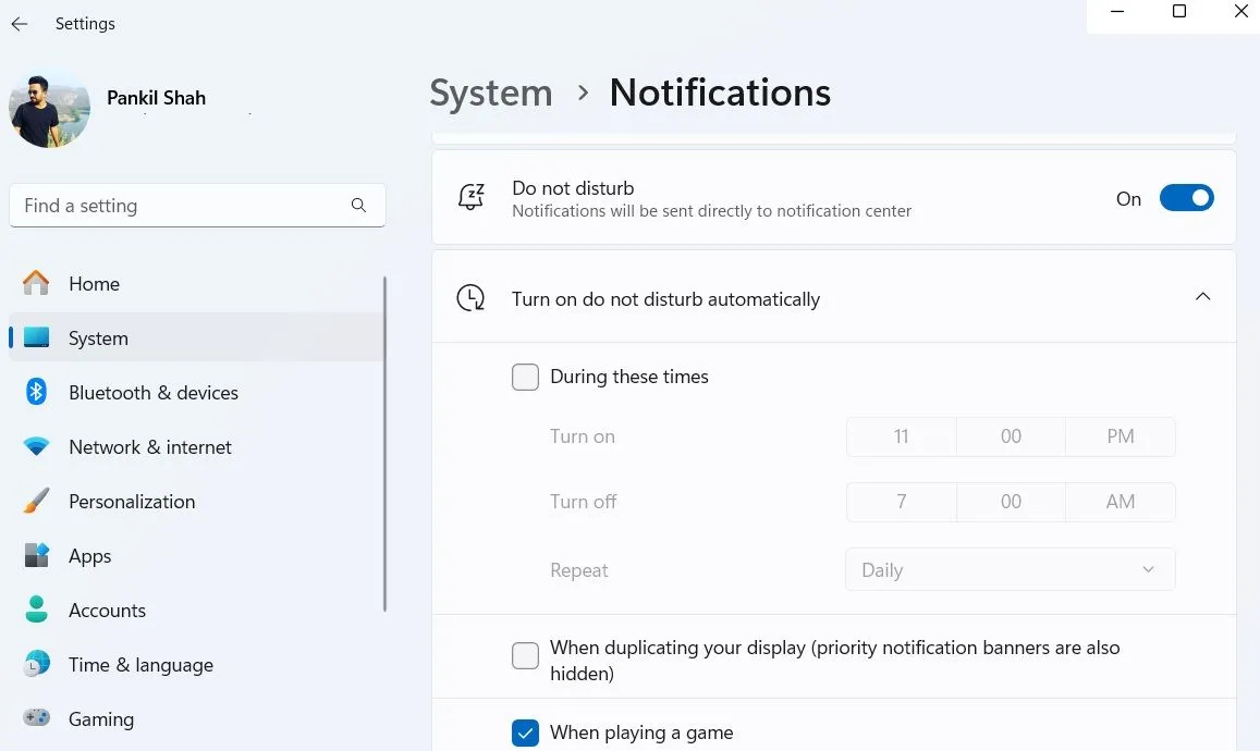 Cài đặt chế độ Không làm phiền (Do Not Disturb) trên Windows 11, bao gồm các tùy chọn bật tự động.