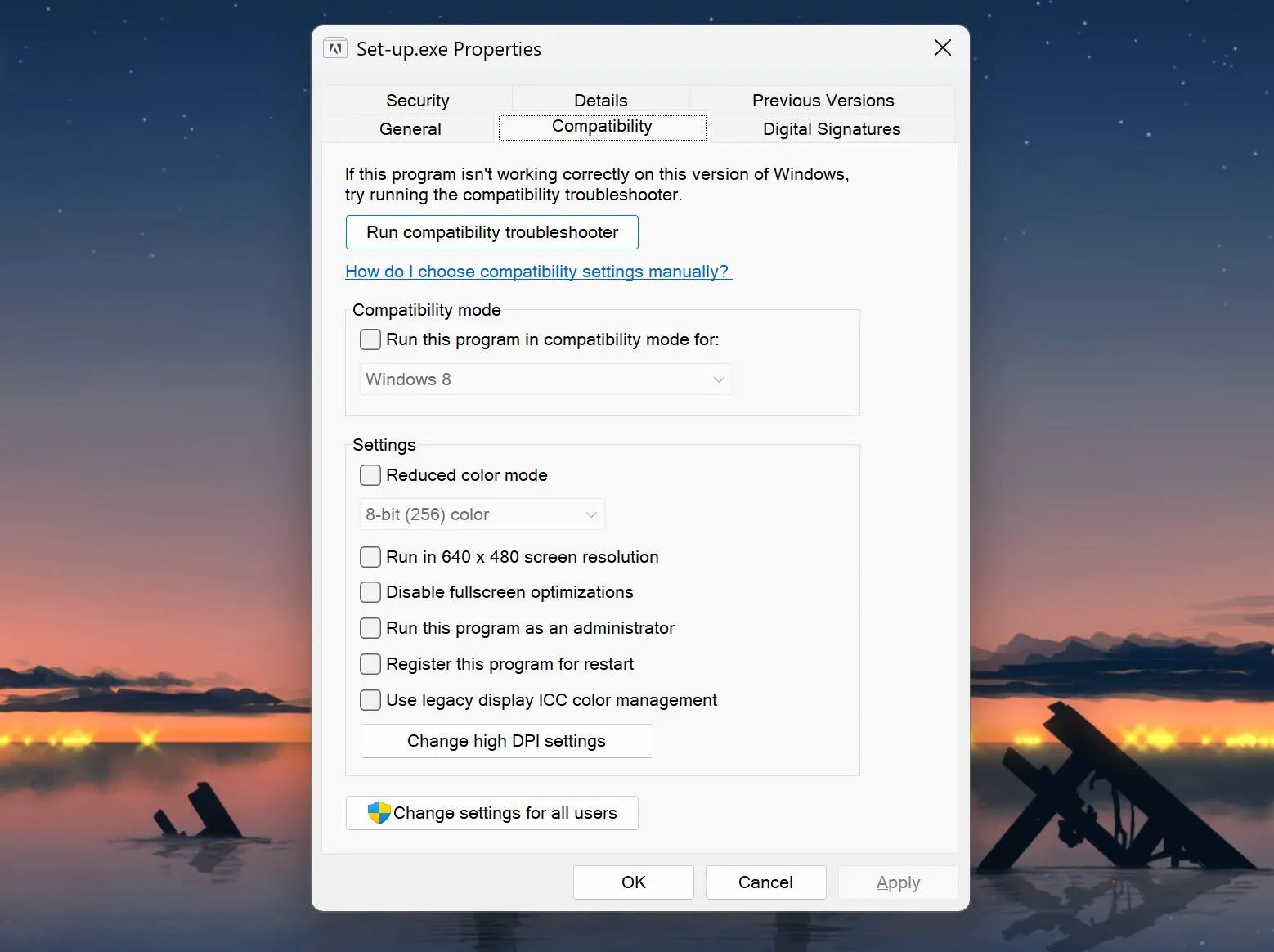 Cài đặt Chế độ tương thích cho ứng dụng trên Windows 11, bao gồm các tùy chọn như chế độ màu và tối ưu hóa toàn màn hình.
